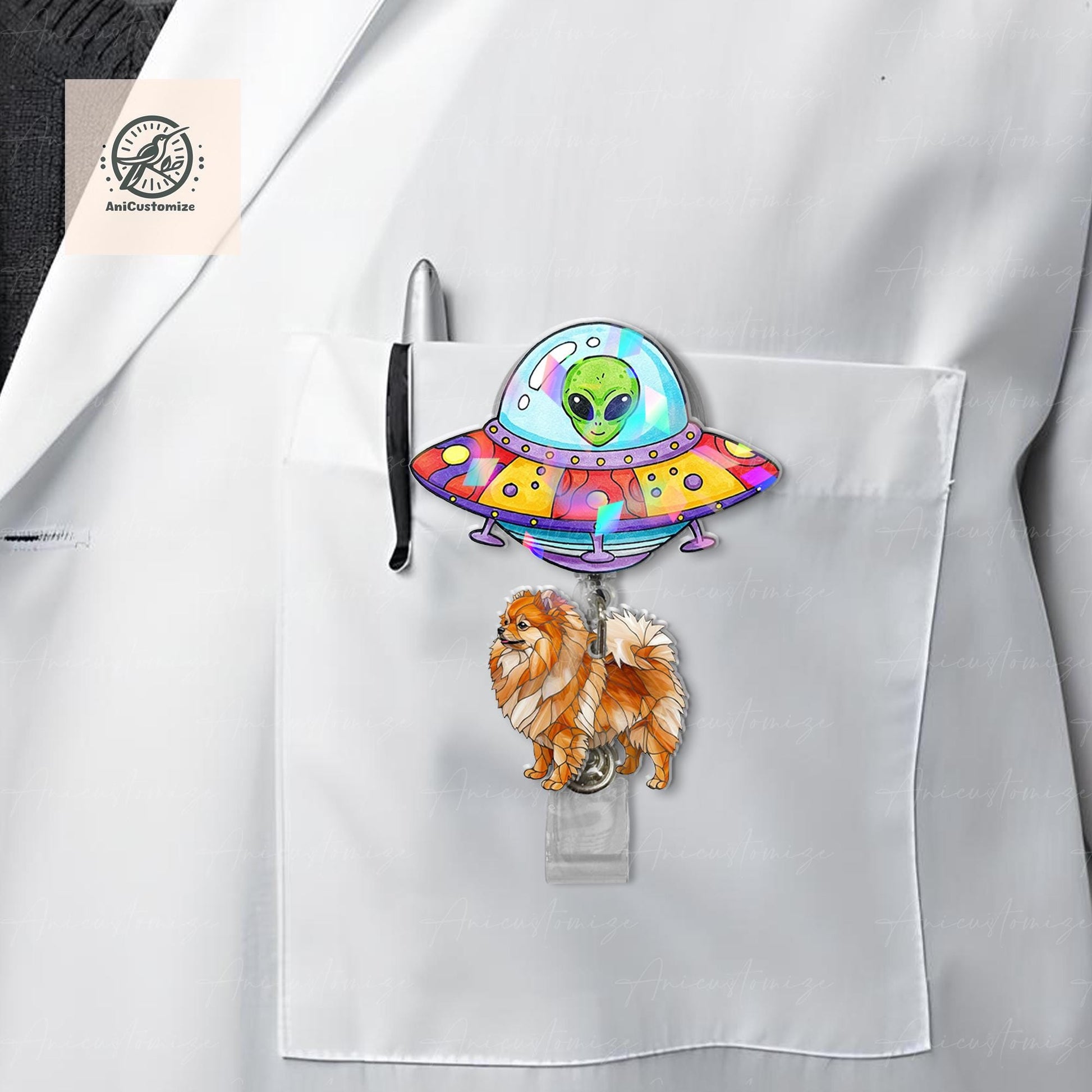 UFO Abduction Pomeranian Hologram Badge Reel, Spaceship Badge, RN Id Holder Gift, Pomeranian Lover Gift, Funny Nurse Gift, Co-worker Gift