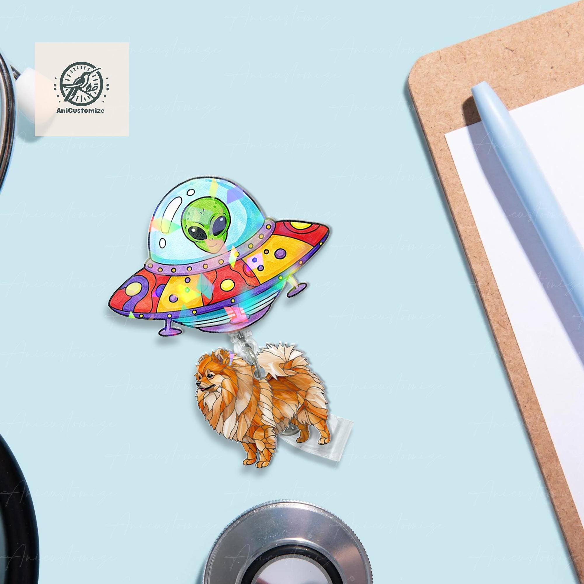 UFO Abduction Pomeranian Hologram Badge Reel, Spaceship Badge, RN Id Holder Gift, Pomeranian Lover Gift, Funny Nurse Gift, Co-worker Gift