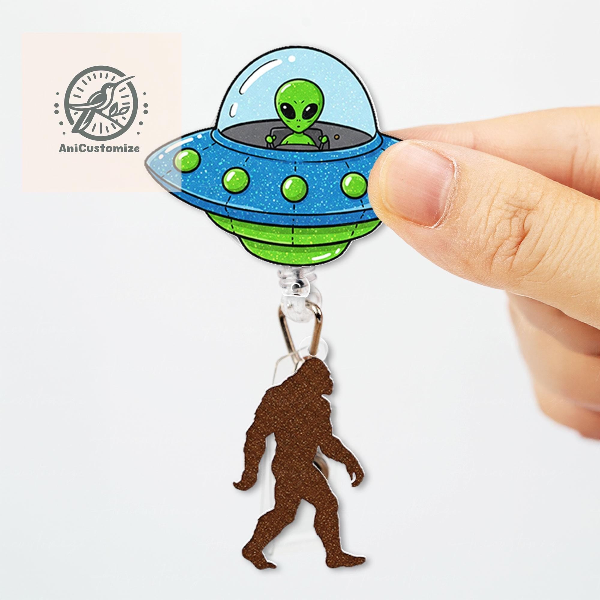 UFO Bigfoot Abduction badge reel, UFO badge reel, Space badge reel, Funny badge reel, The Alien Obsessed, Gifts for Nurses, Sasquatch Badge