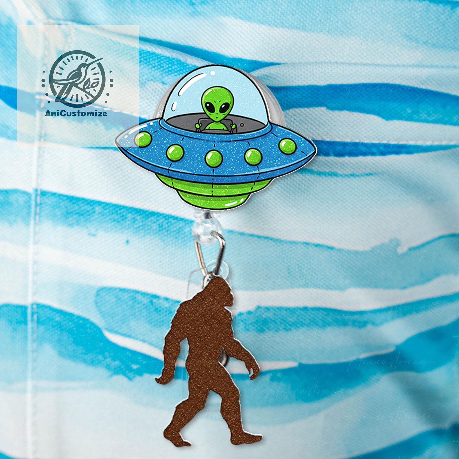 UFO Bigfoot Abduction badge reel, UFO badge reel, Space badge reel, Funny badge reel, The Alien Obsessed, Gifts for Nurses, Sasquatch Badge