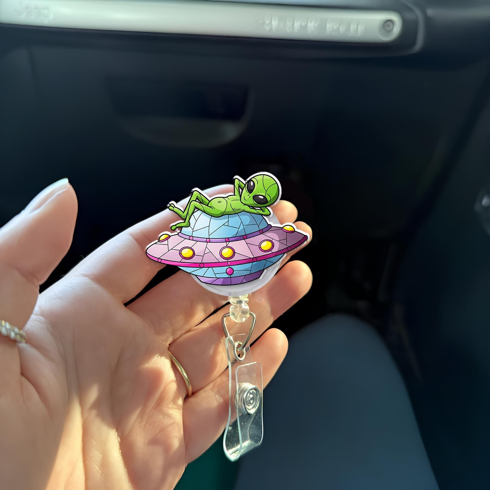 Funny Alien Chilling On Spaceship Badge Reel, Funny Spaceship, RN Id Holder Gift, Unique Gift, Gift For Nurse, Co-worker Gift, Alien Lover