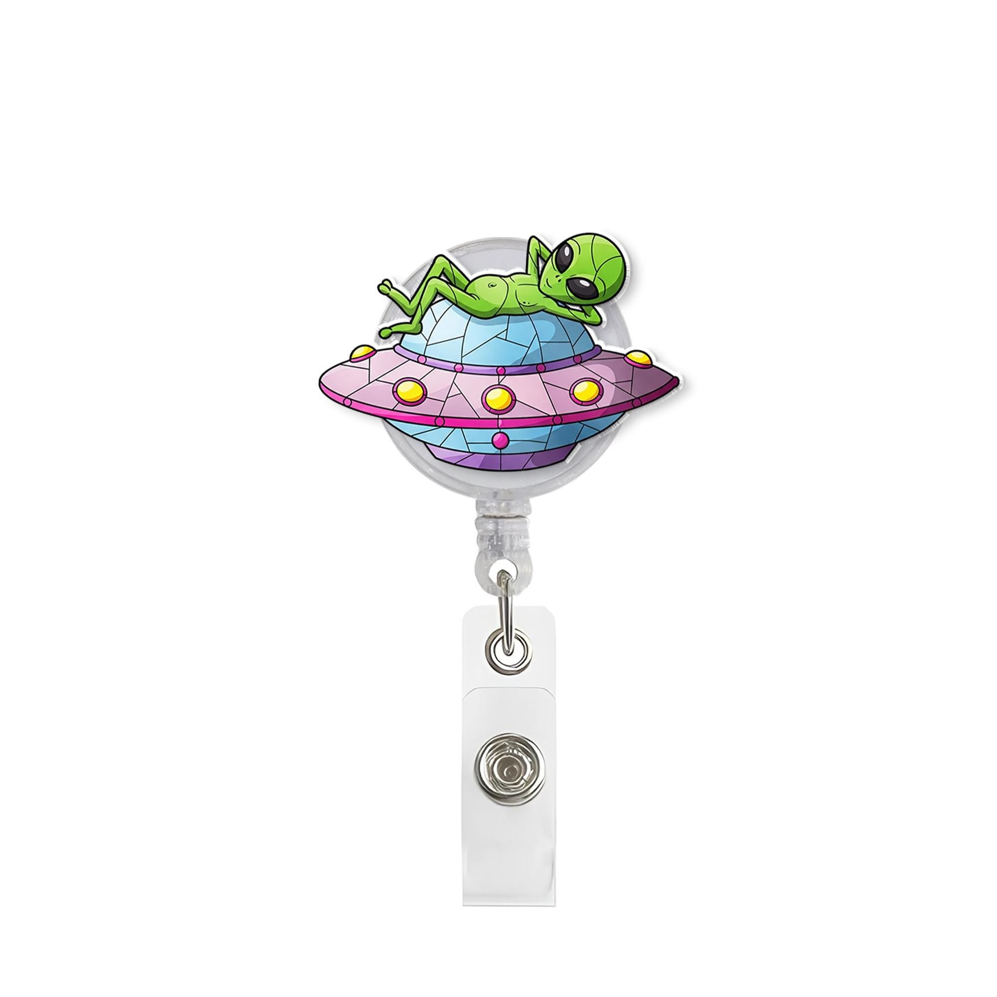 Funny Alien Chilling On Spaceship Badge Reel, Funny Spaceship, RN Id Holder Gift, Unique Gift, Gift For Nurse, Co-worker Gift, Alien Lover