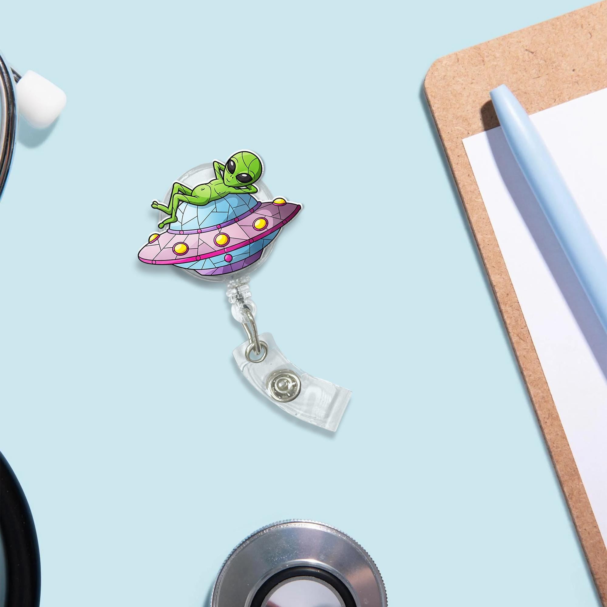 Funny Alien Chilling On Spaceship Badge Reel, Funny Spaceship, RN Id Holder Gift, Unique Gift, Gift For Nurse, Co-worker Gift, Alien Lover