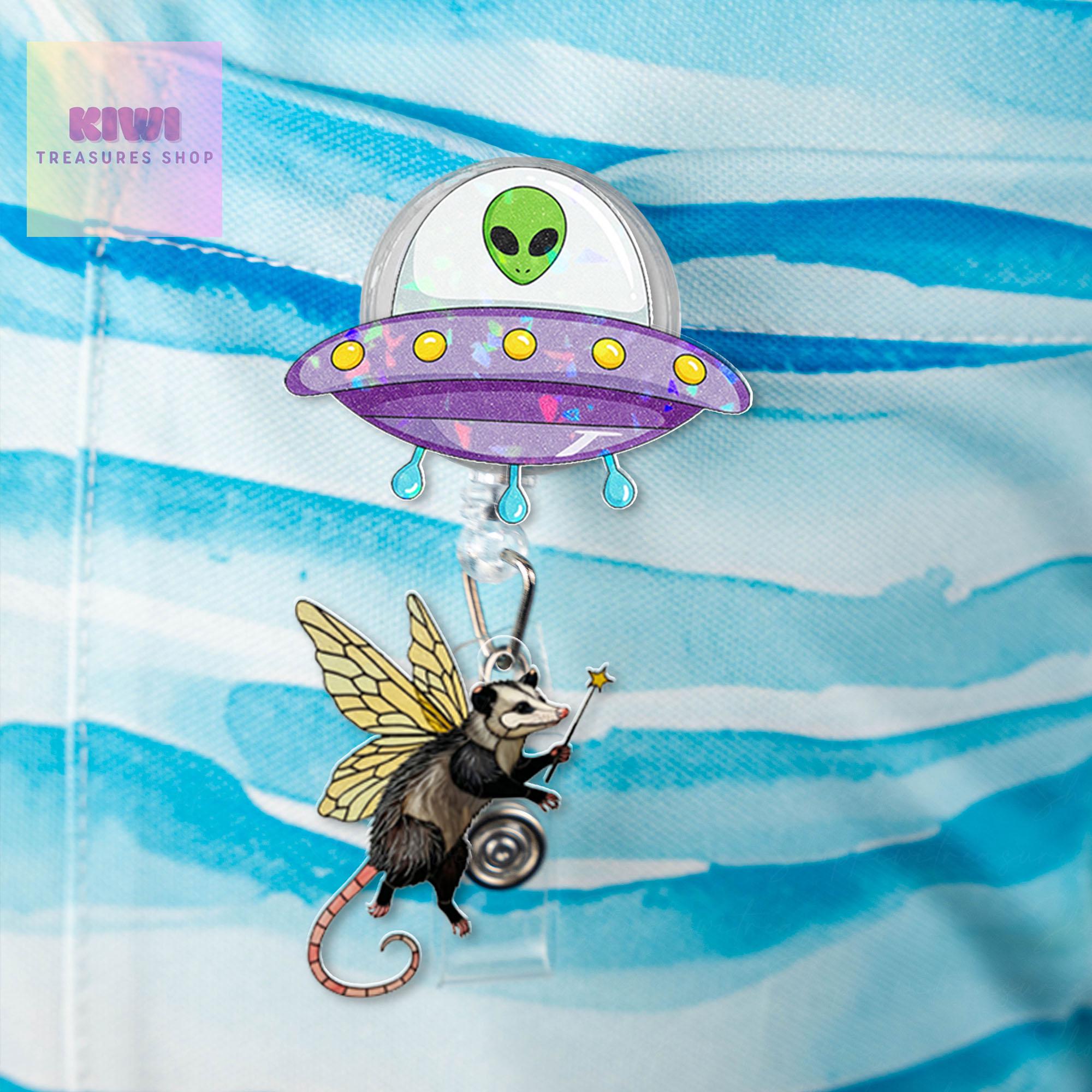 Funny Ufo abduction fairy opossum badge reel, Funny Ufo alien badge reel, nurse id Holder, nurse accessories, fairy godpossum