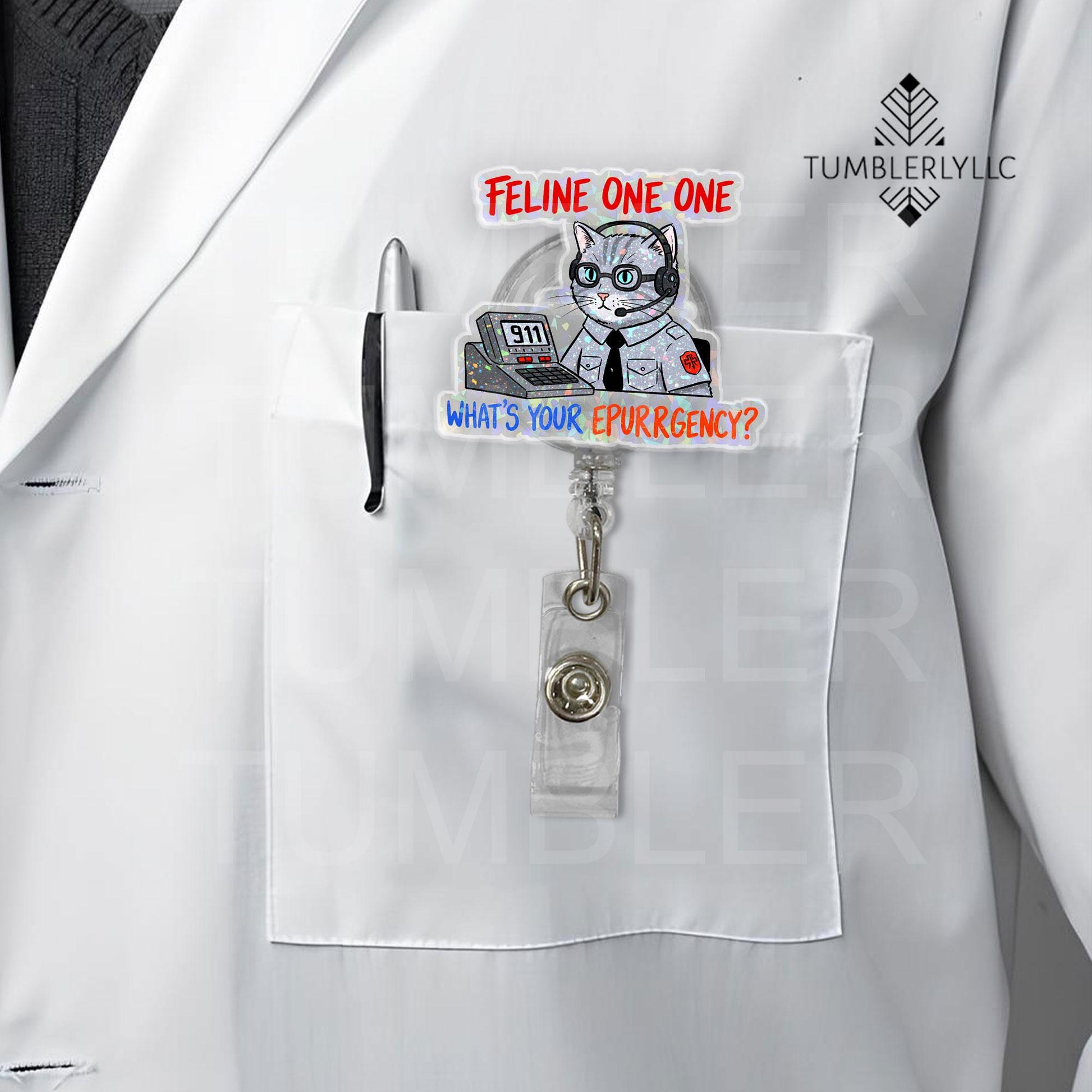 911 Dispatcher badge reel, Cat Mom Feline One One ID holder with humor, gift for animal-loving nurses and dispatchers, emergency responders