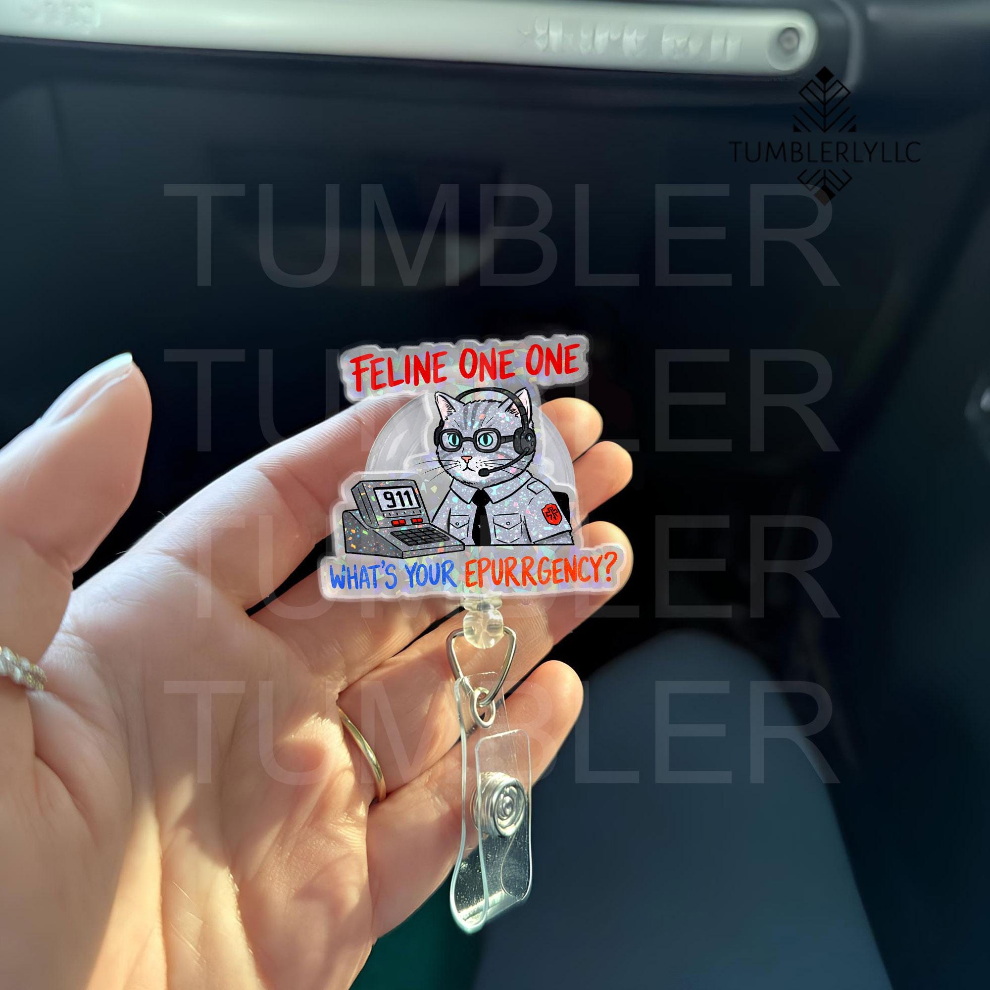 911 Dispatcher badge reel, Cat Mom Feline One One ID holder with humor, gift for animal-loving nurses and dispatchers, emergency responders