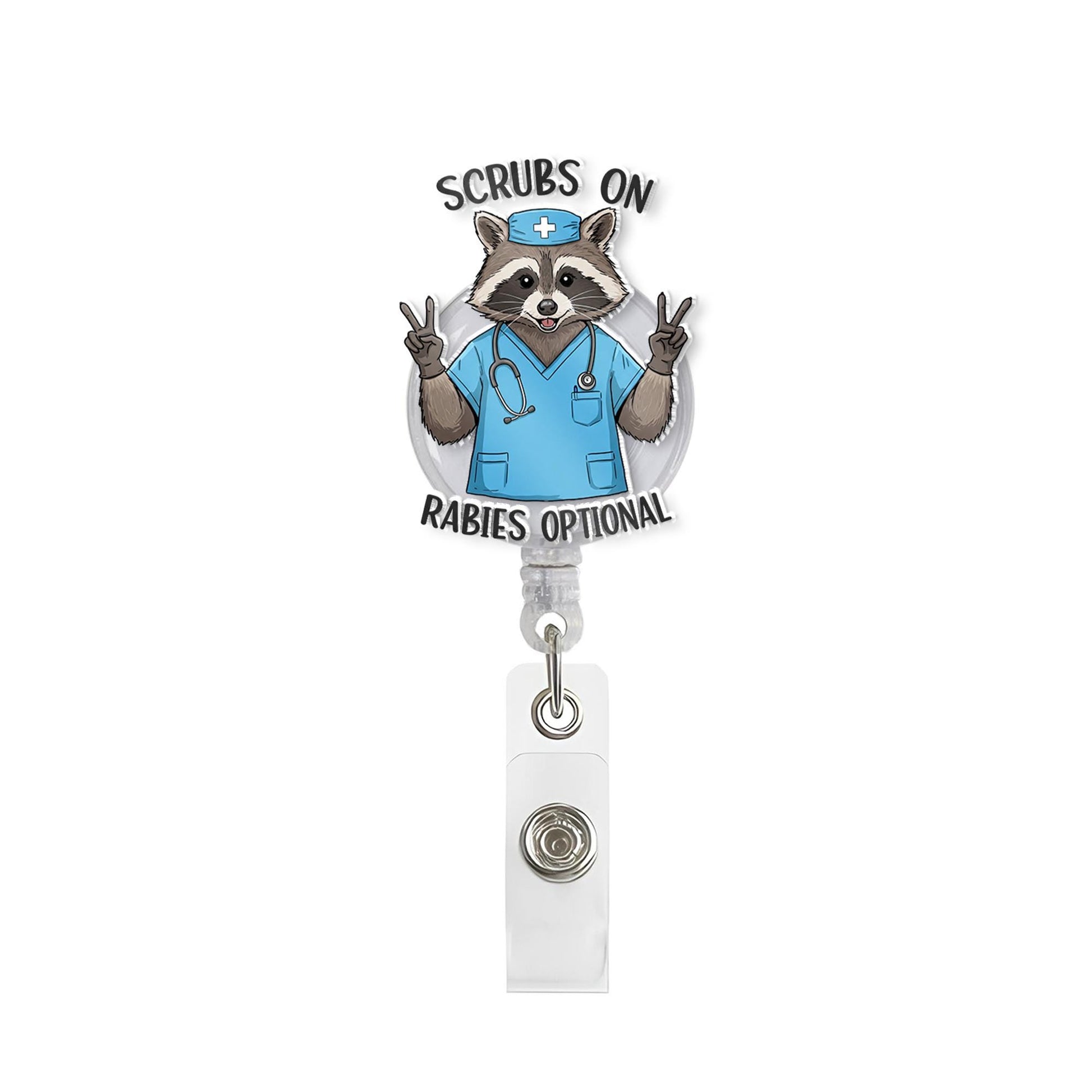 Scrubs On Rabies Optional Badge Reel, Funny Raccoon Nurse, RN ID Holder, Scrub Nurse Gift, Nurse Badge Reel, Funny Badge Reel, Funny Medical