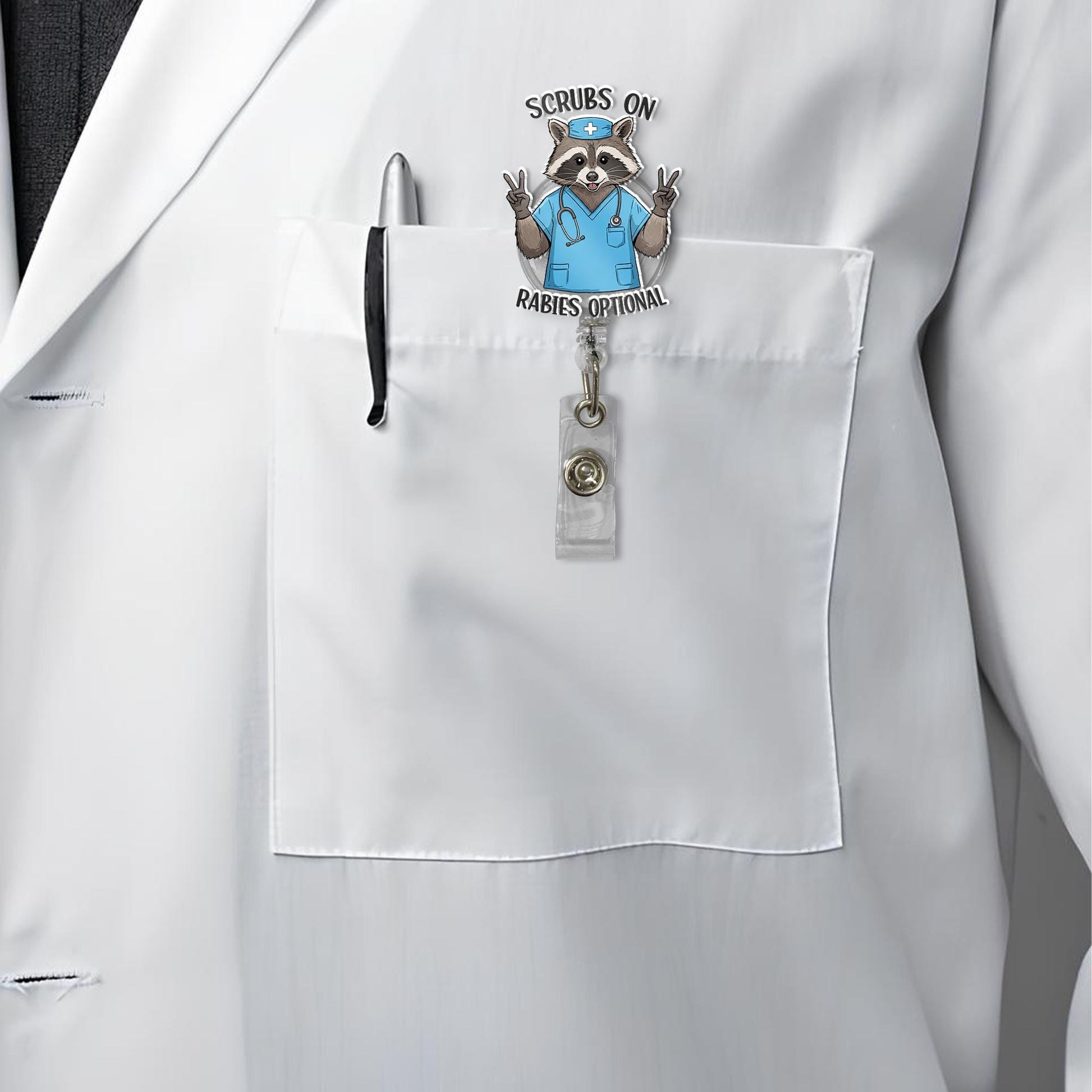 Scrubs On Rabies Optional Badge Reel, Funny Raccoon Nurse, RN ID Holder, Scrub Nurse Gift, Nurse Badge Reel, Funny Badge Reel, Funny Medical
