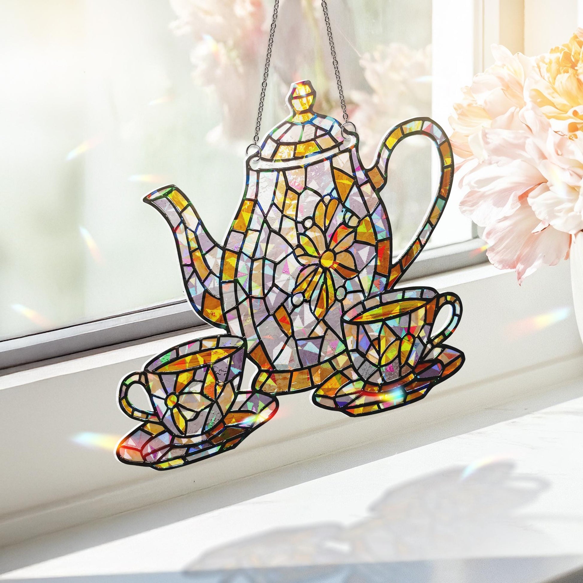 Acrylic Hologram Teapot and Cup Window Decor, Gift for Tea Lover or Mom on Mother’s Day,Kitchen Gift for Mom,Mother's Day Gift,Grandma Decor