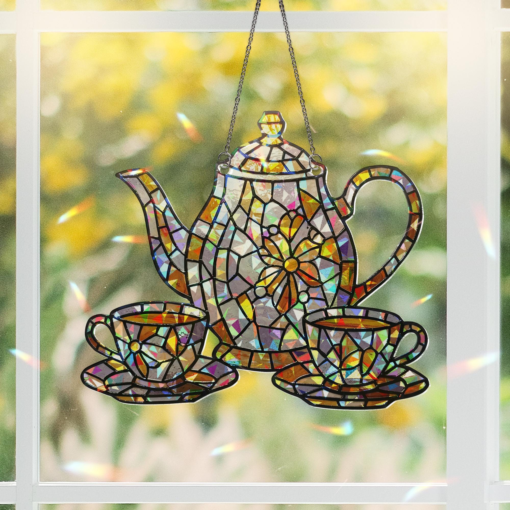 Acrylic Hologram Teapot and Cup Window Decor, Gift for Tea Lover or Mom on Mother’s Day,Kitchen Gift for Mom,Mother's Day Gift,Grandma Decor