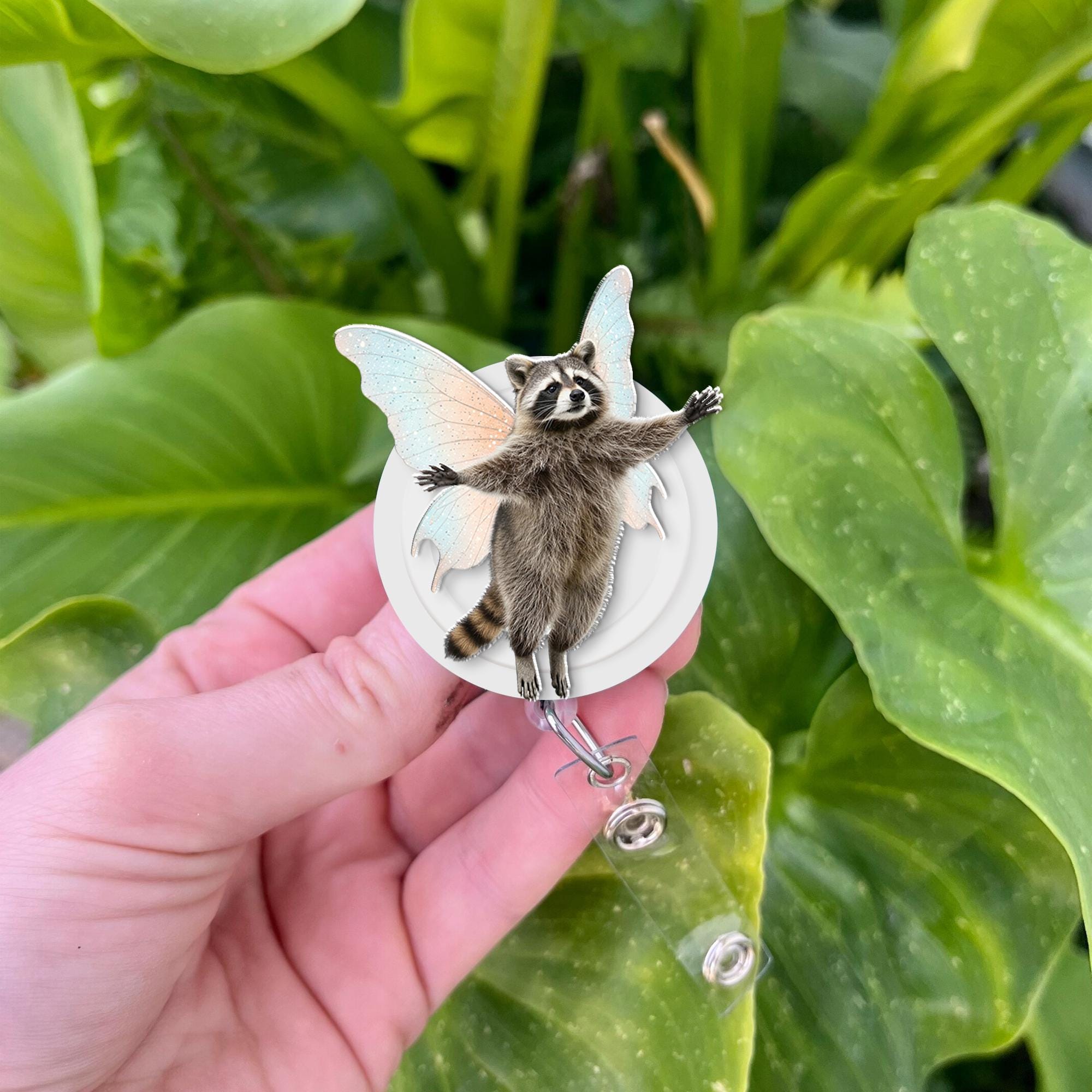 Funny Raccoon Badge Reel, Holographic Fairytale Design, Secure ID Badge Holder, Perfect Gift for Nurses & Teachers