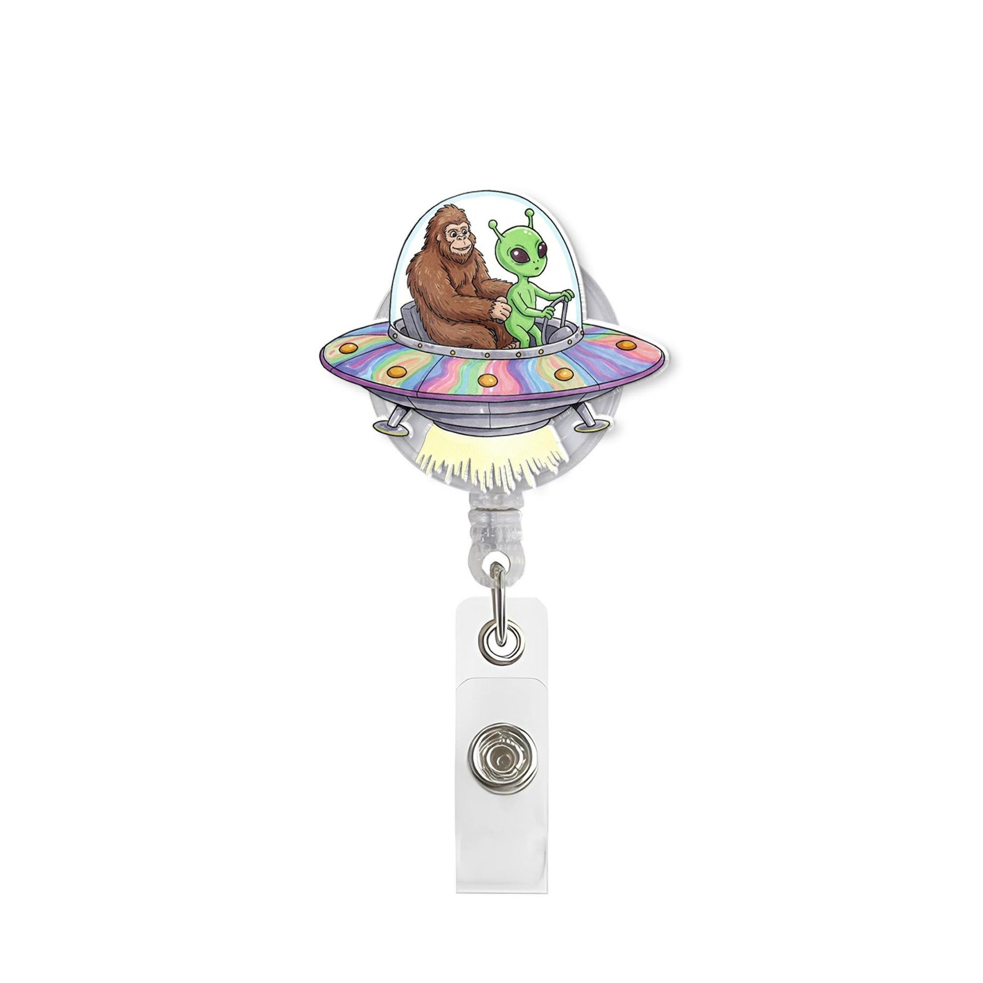 Sasquatch With Alien Driving Spaceship Badge Reel, Funny Bigfoot Badge, Funny Nurse Badge, RN Id Holder, Nurse Gift, Bigfoot Lover Gift
