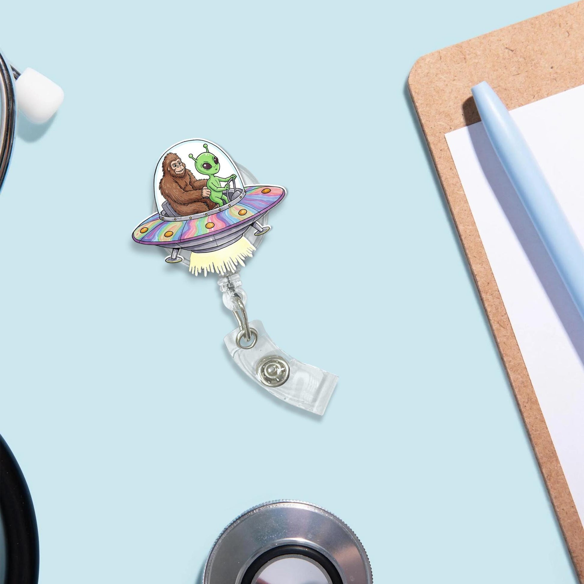 Sasquatch With Alien Driving Spaceship Badge Reel, Funny Bigfoot Badge, Funny Nurse Badge, RN Id Holder, Nurse Gift, Bigfoot Lover Gift
