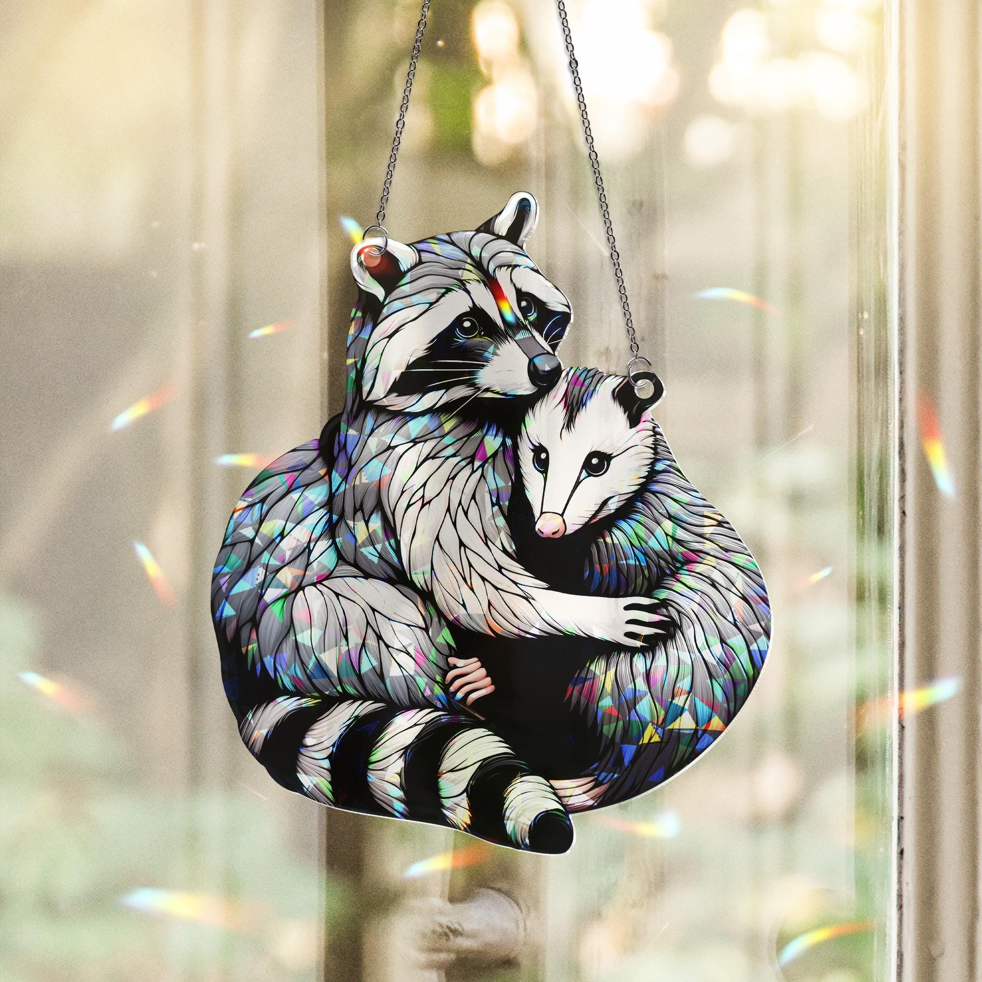 Raccoon Hugging Opossum Hologram Acrylic Window Hanging, Funny Bestie Gift, Trash Panda Team Suncatcher for Home Decor