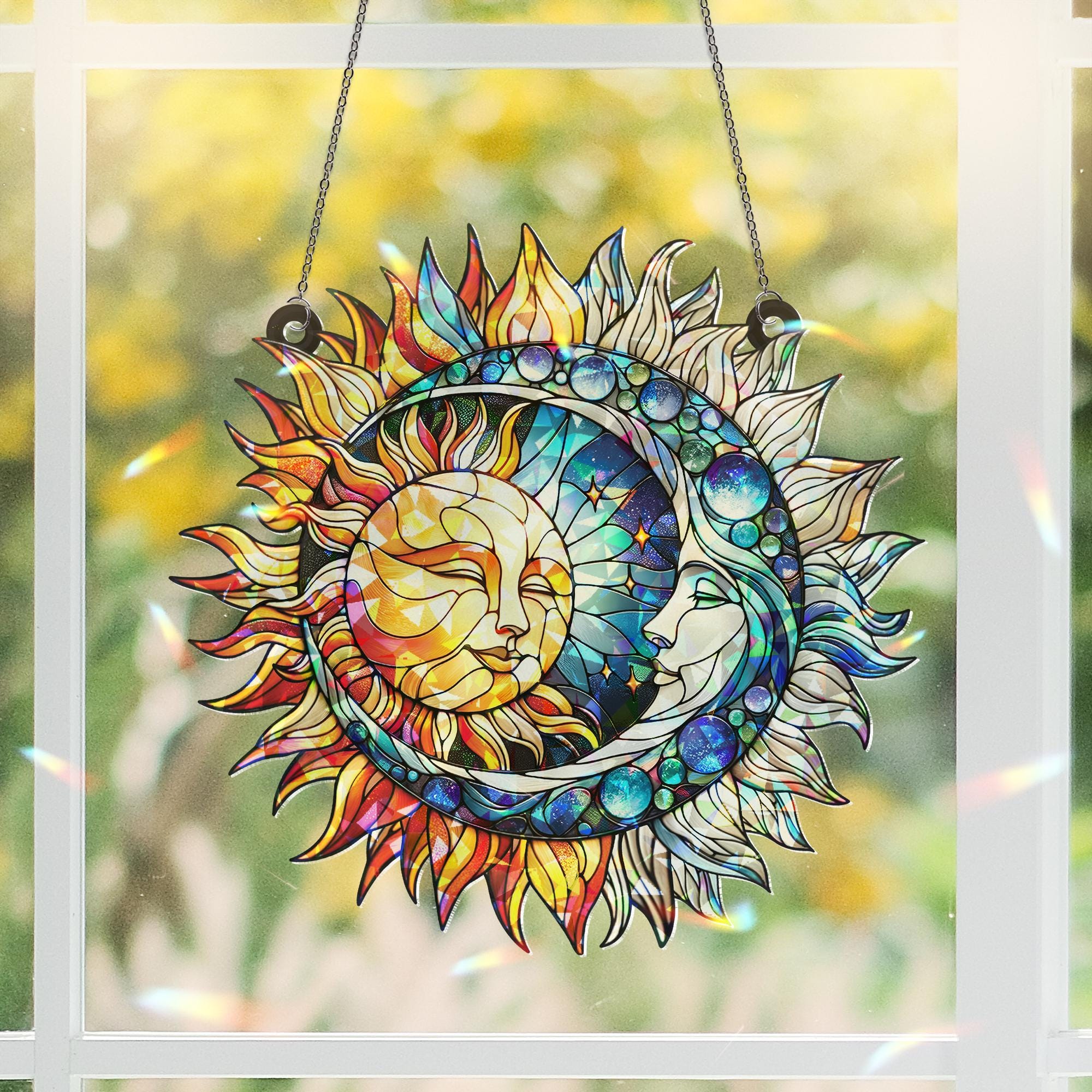 Celestial Sun Moon Hologram Window Hanging, Suncatcher Decor for Celestial Window, Perfect Gift for Witchcraft Lovers