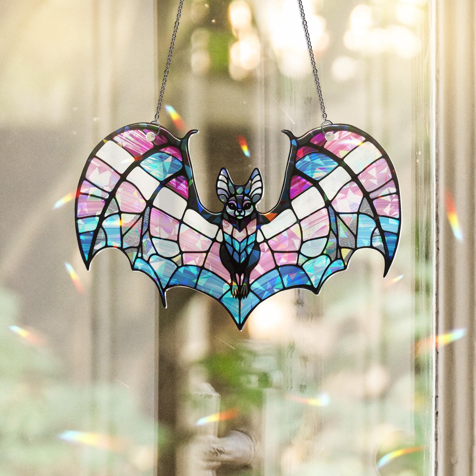 Hologram Transgender Bat suncatcher window hanging, Unique Bat decor, Colorful window charm for Transgender idea gift