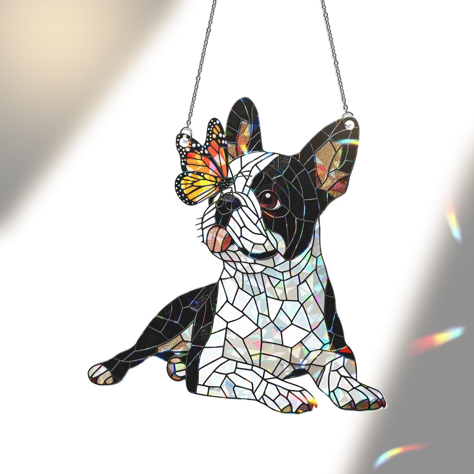 Boston Terrier and Butterfly suncatcher, Hologram Window Hanging for Dog Moms, Unique Pet Lover Gift, dog owner gift