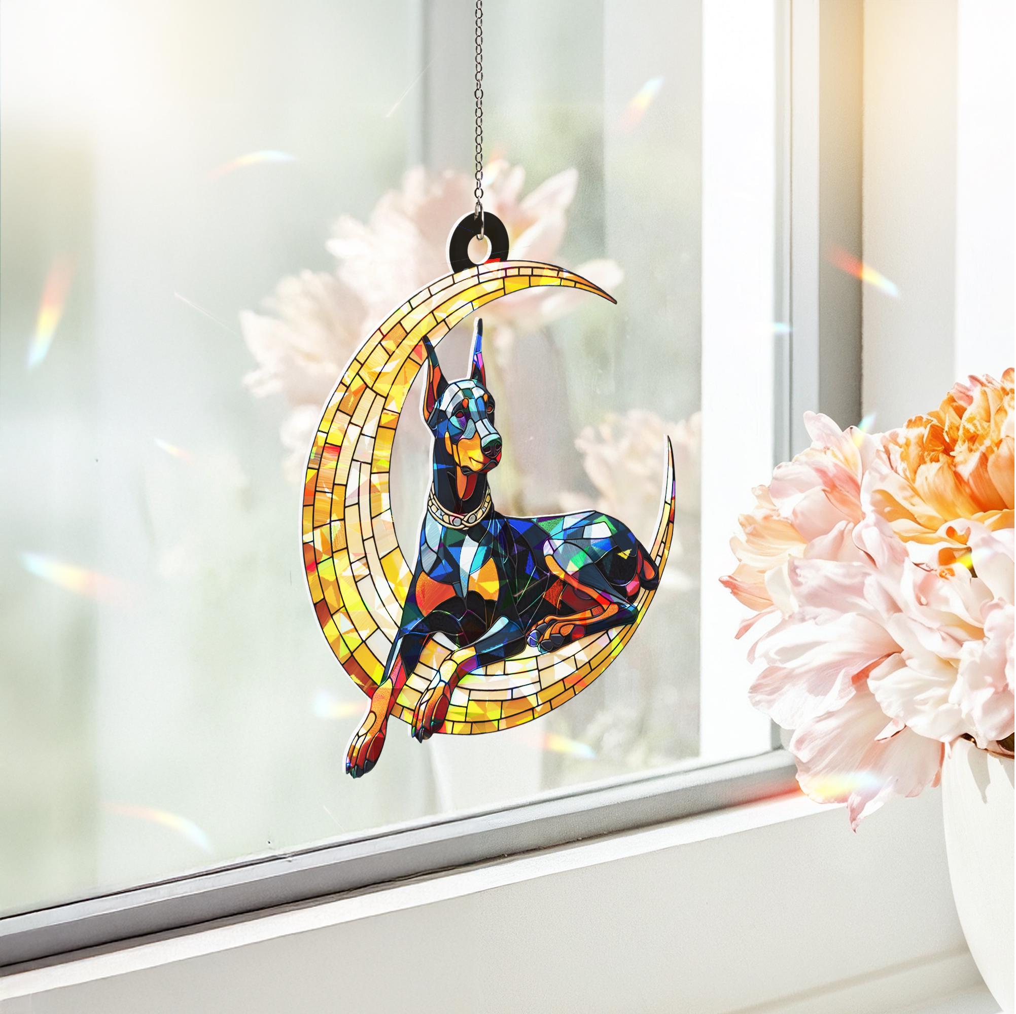Doberman dog on crescent moon hologram suncatcher window hanging, heartfelt memorial gift for dog moms, unique home decor