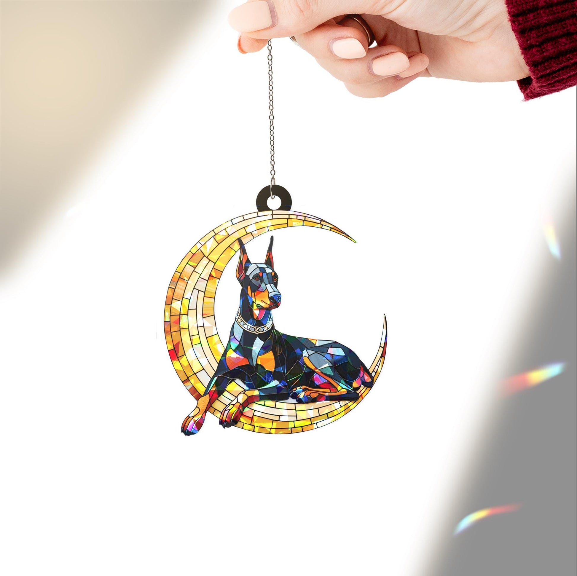 Doberman dog on crescent moon hologram suncatcher window hanging, heartfelt memorial gift for dog moms, unique home decor
