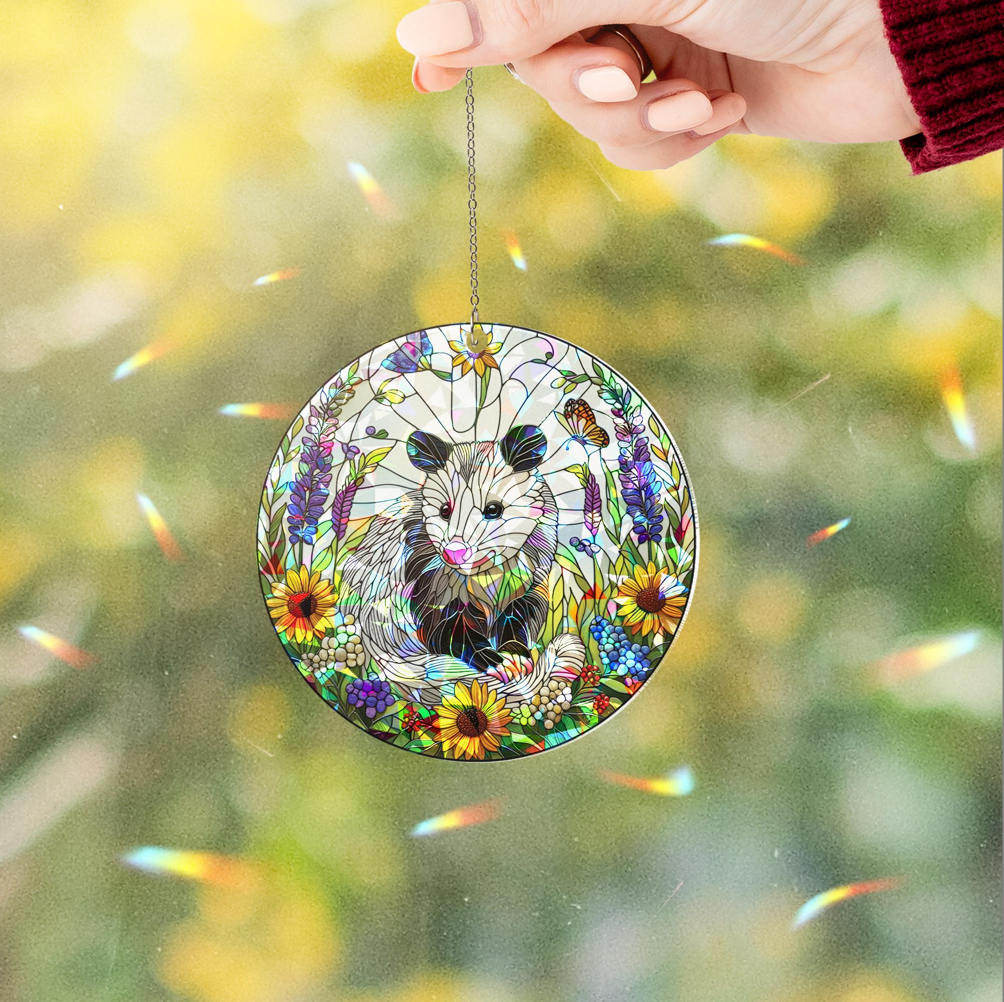 Opossum among wildflowers hologram suncatcher ornament, enchanting window hanging for vibrant decor, unique gift for possum lovers