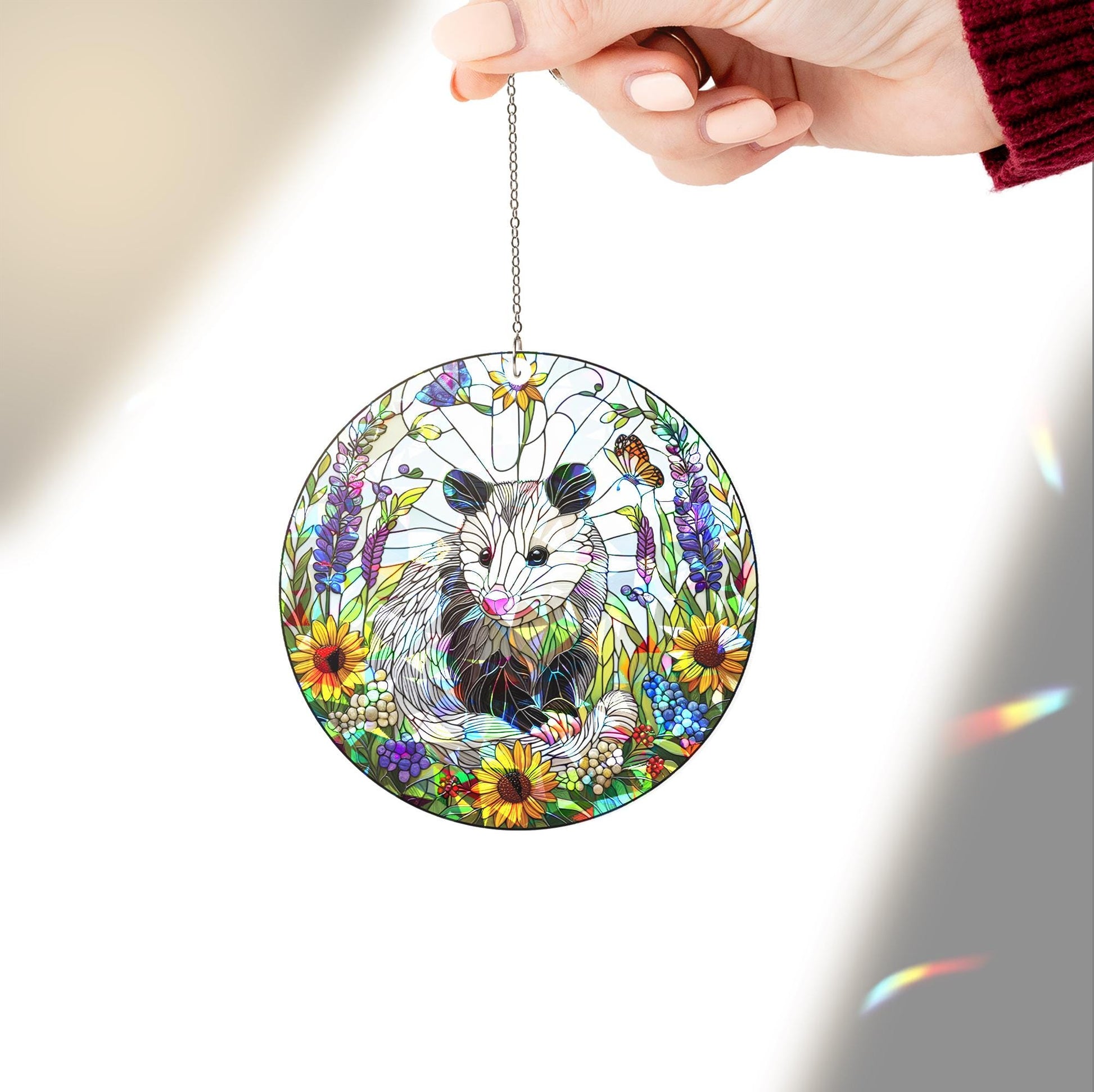 Opossum among wildflowers hologram suncatcher ornament, enchanting window hanging for vibrant decor, unique gift for possum lovers