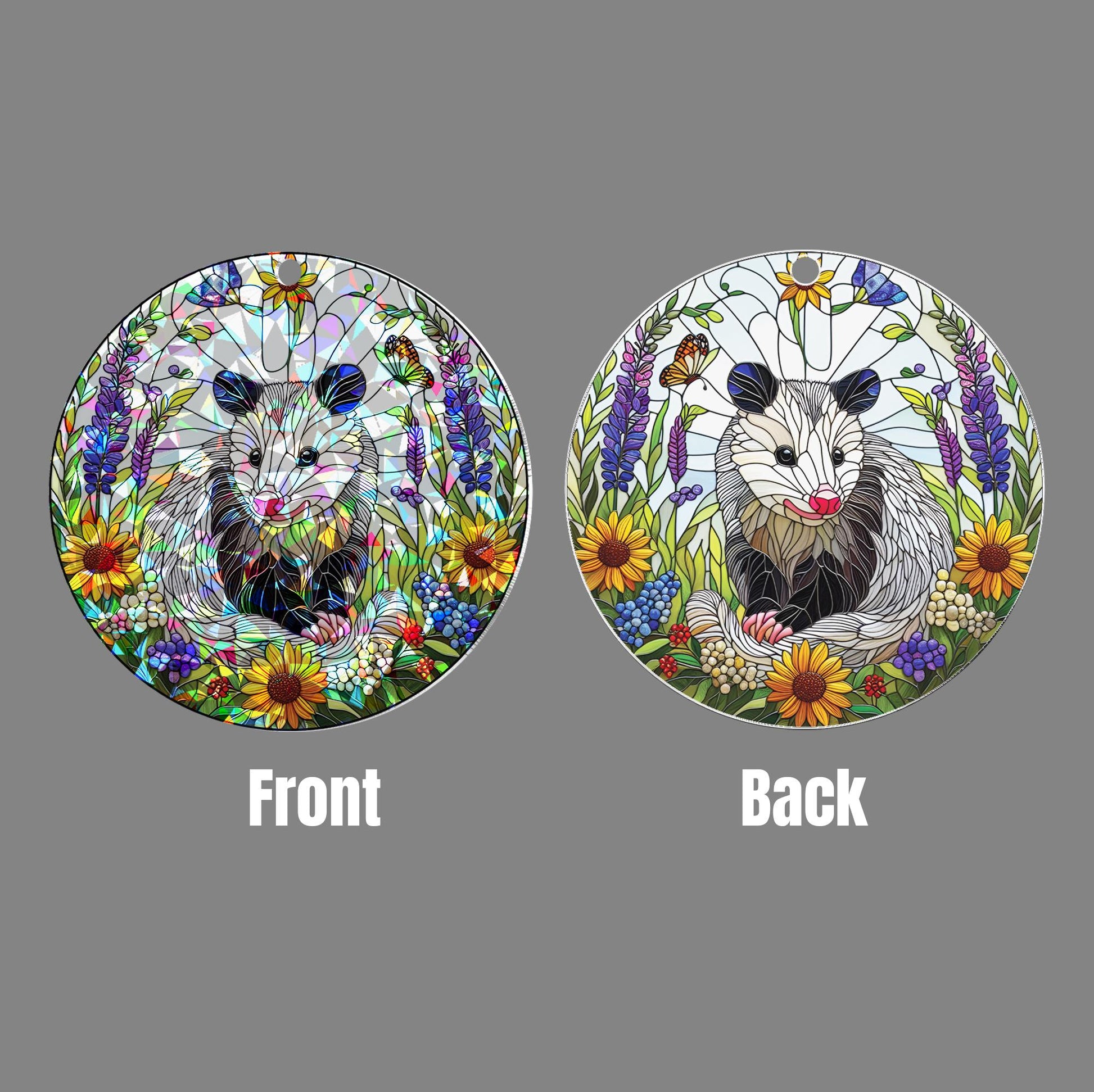 Opossum among wildflowers hologram suncatcher ornament, enchanting window hanging for vibrant decor, unique gift for possum lovers