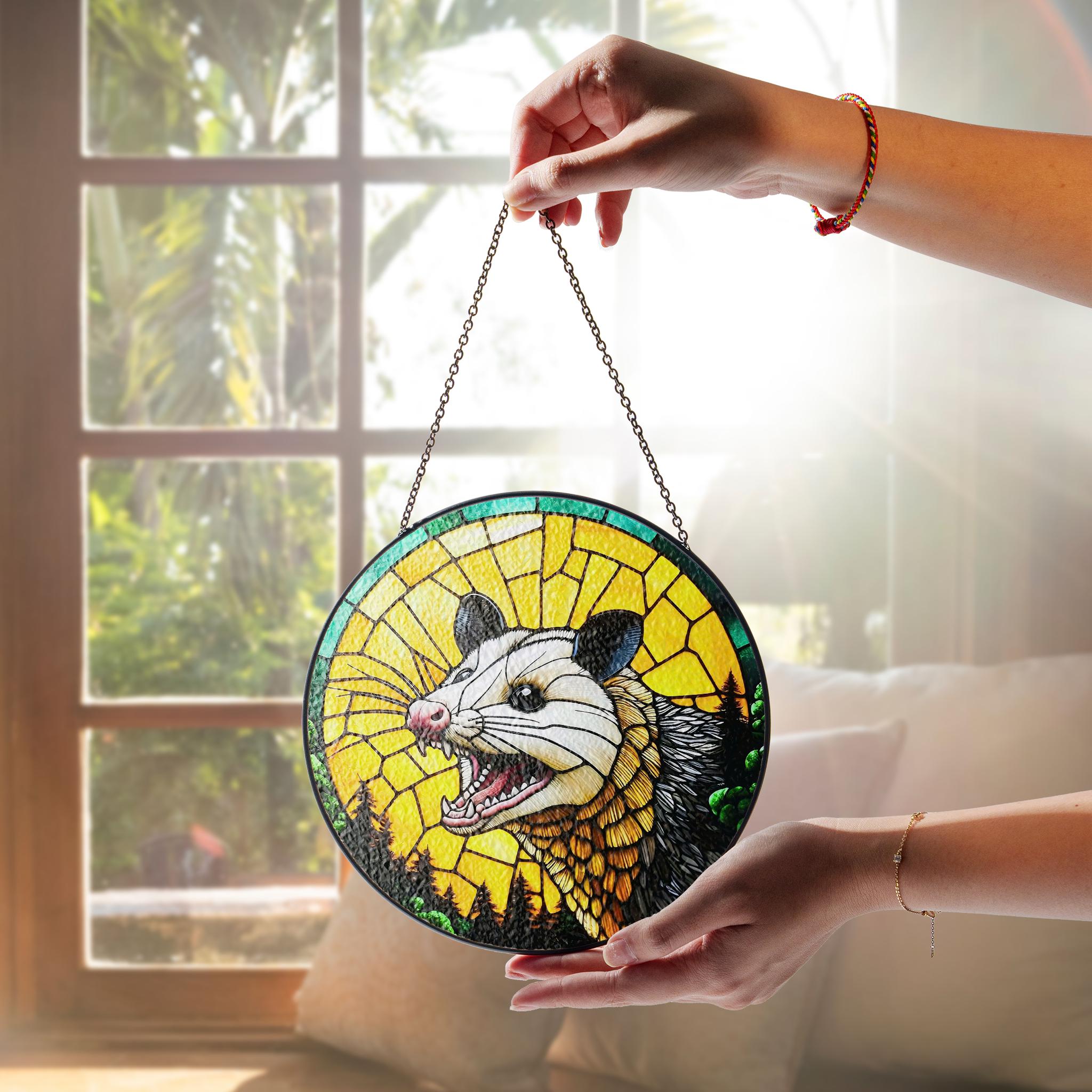 Funny Scream Opossum glass suncatcher, humorous opossum window hanging for home decor, perfect possum lover gift