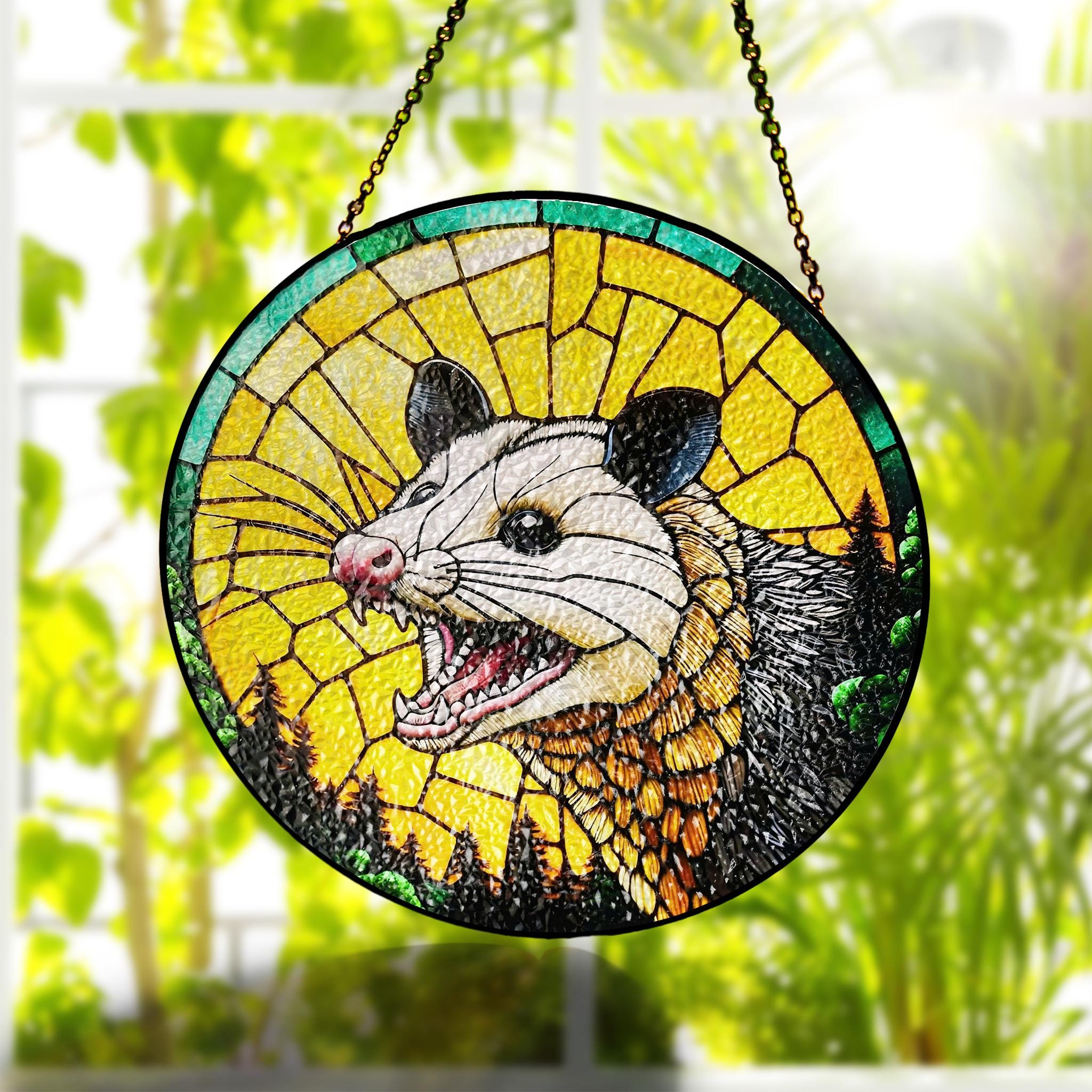 Funny Scream Opossum glass suncatcher, humorous opossum window hanging for home decor, perfect possum lover gift