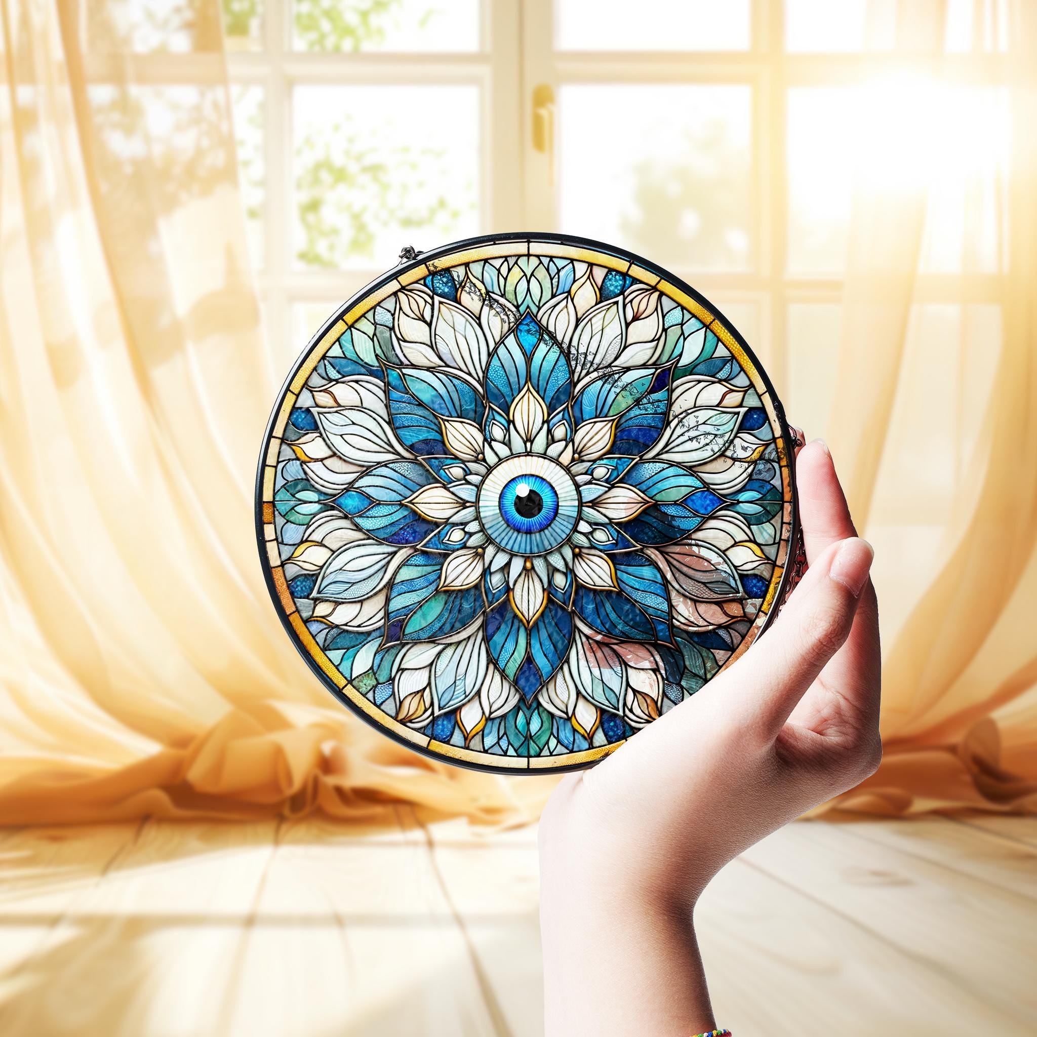 Evil Eye Glass Suncatcher, Protection Charm Window Hanging, Mother's Day Gift for Her, Spiritual Decor