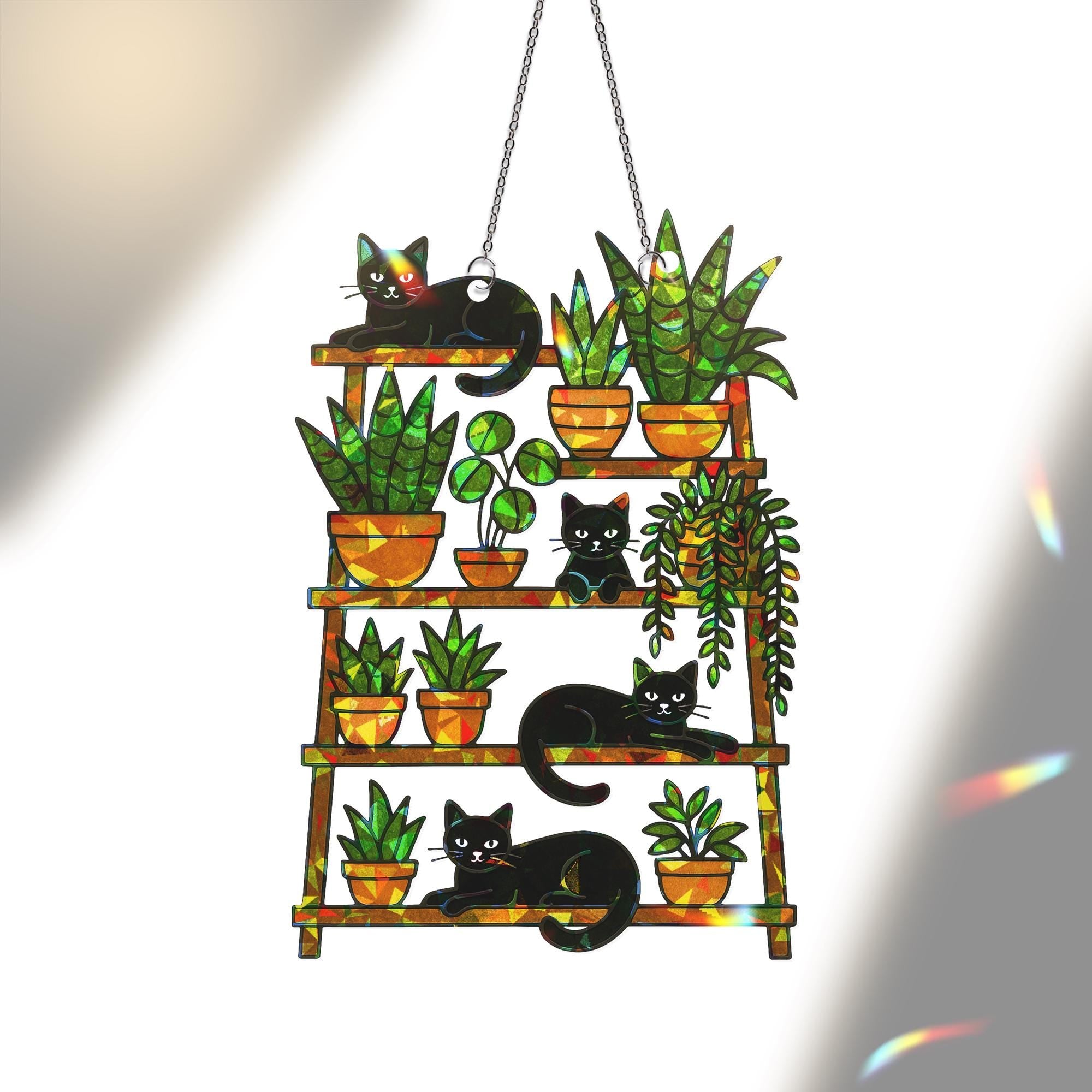 Mother's Day Cat & Plant Suncatcher - Holographic Acrylic Window Hanging Gift for Mom - Cute Black Cats and Houseplants Decor