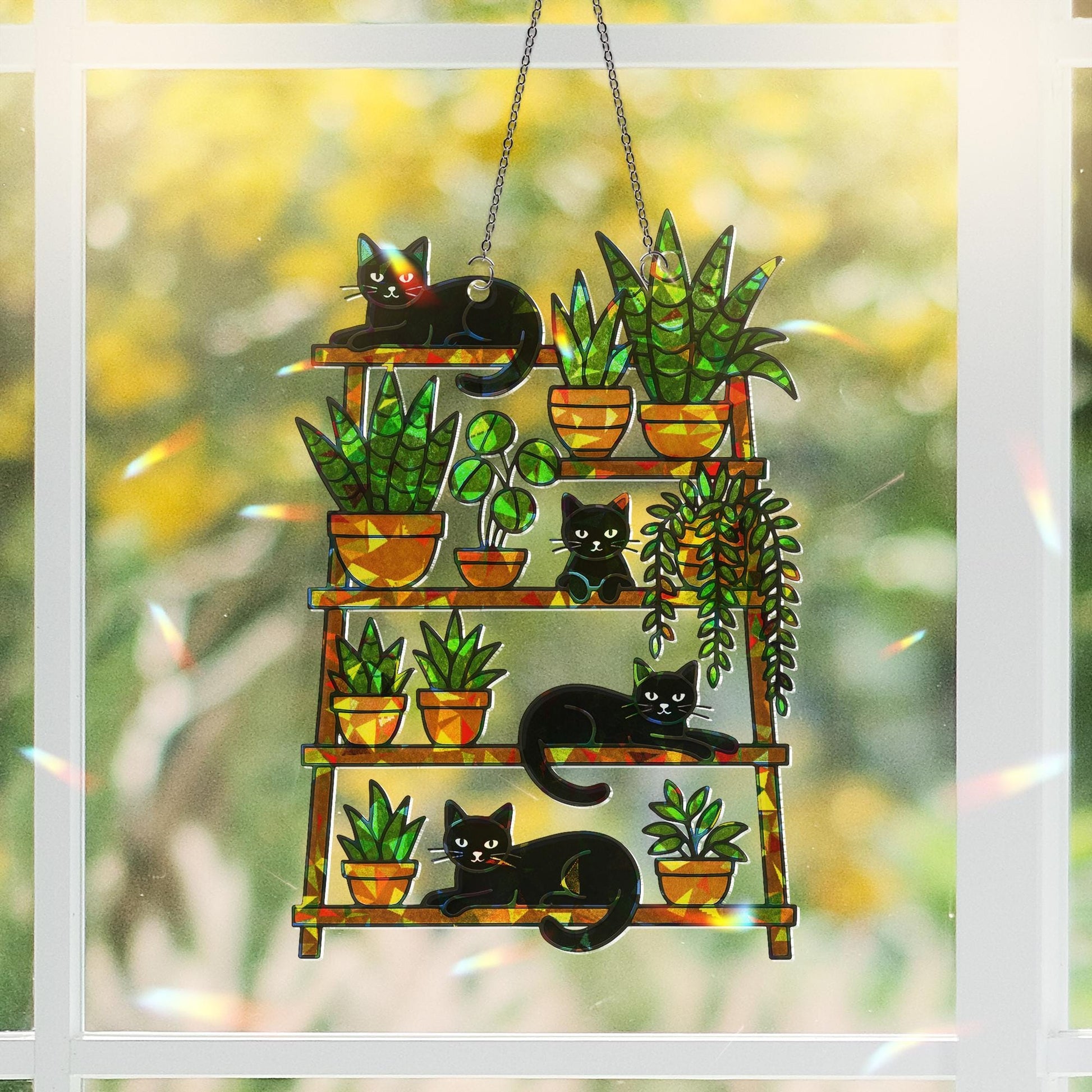 Mother's Day Cat & Plant Suncatcher - Holographic Acrylic Window Hanging Gift for Mom - Cute Black Cats and Houseplants Decor