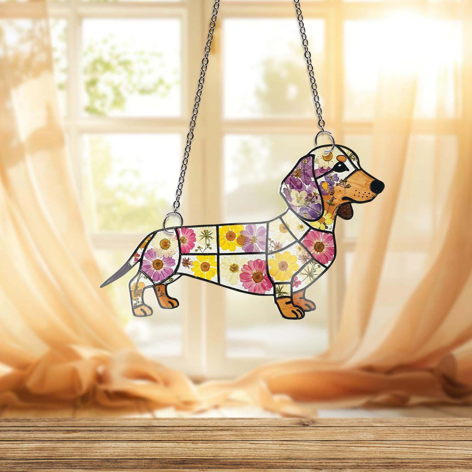 Floral Dachshund ACRYLIC Window Hanging, Flower Doxie Gift, Dachshund MOm Gift, Gift For Dog Mom, Mother's Day Gift, Dog Lover Gift