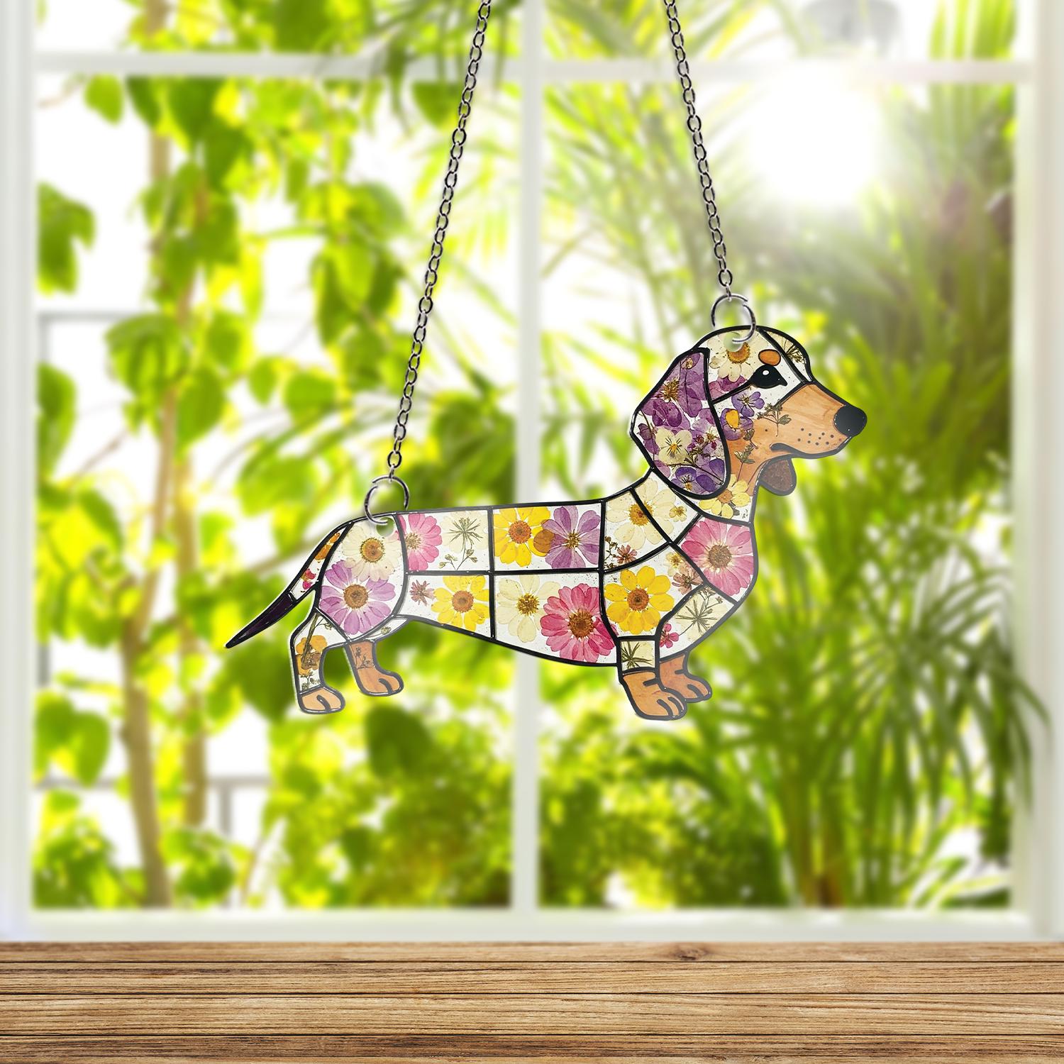 Floral Dachshund ACRYLIC Window Hanging, Flower Doxie Gift, Dachshund MOm Gift, Gift For Dog Mom, Mother's Day Gift, Dog Lover Gift