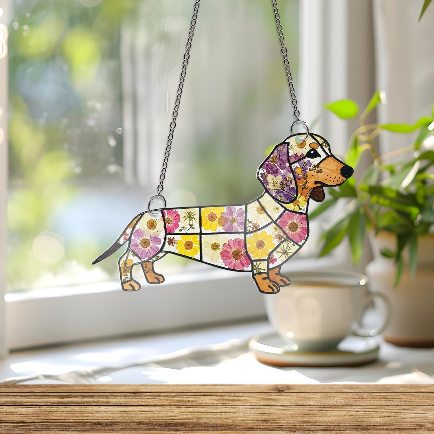 Floral Dachshund ACRYLIC Window Hanging, Flower Doxie Gift, Dachshund MOm Gift, Gift For Dog Mom, Mother's Day Gift, Dog Lover Gift