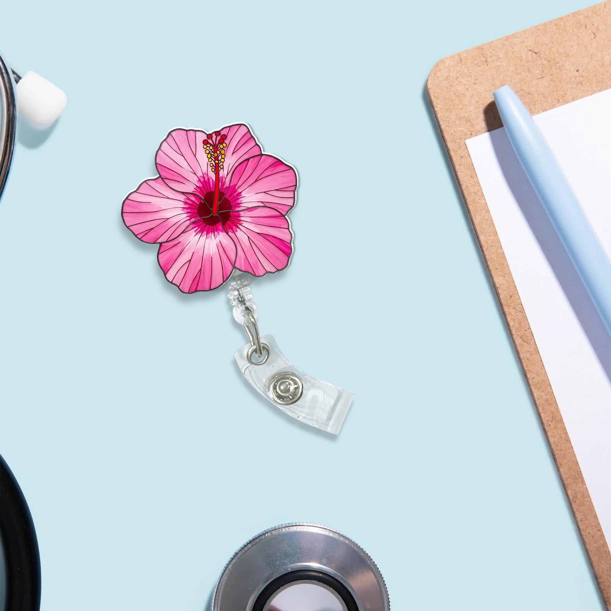 Hibiscus Flower Badge Reel – Tropical Floral ID Holder for Nurses, Teachers, Staff, Flower Nurse Badge Clip, Cute Spring, Accessory Gift