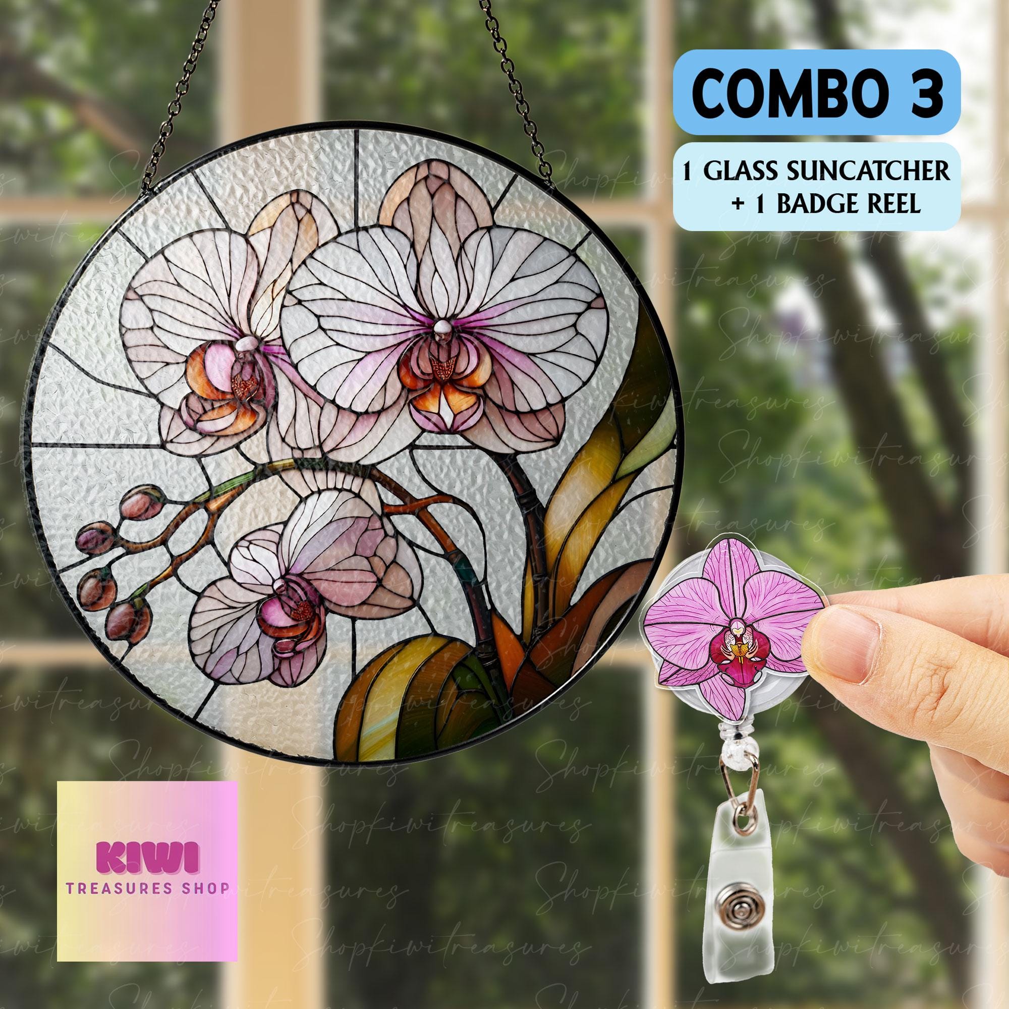 Mother's day gift set - 2025 Orchid Flower GLASS suncatcher, orchid Decor, Love Decor, Natural Lover Gift, Orchid suncatcher, Mom keepsake
