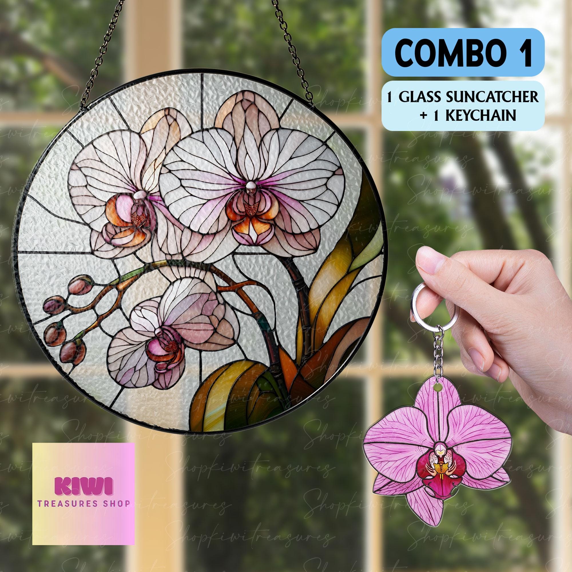 Mother's day gift set - 2025 Orchid Flower GLASS suncatcher, orchid Decor, Love Decor, Natural Lover Gift, Orchid suncatcher, Mom keepsake