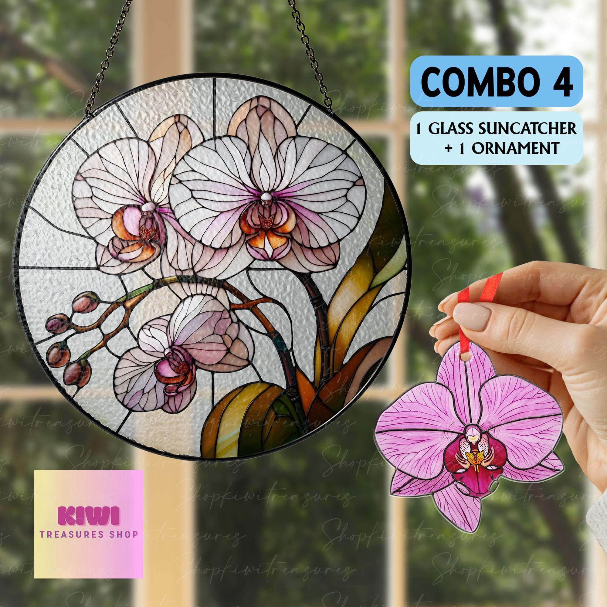 Mother's day gift set - 2025 Orchid Flower GLASS suncatcher, orchid Decor, Love Decor, Natural Lover Gift, Orchid suncatcher, Mom keepsake