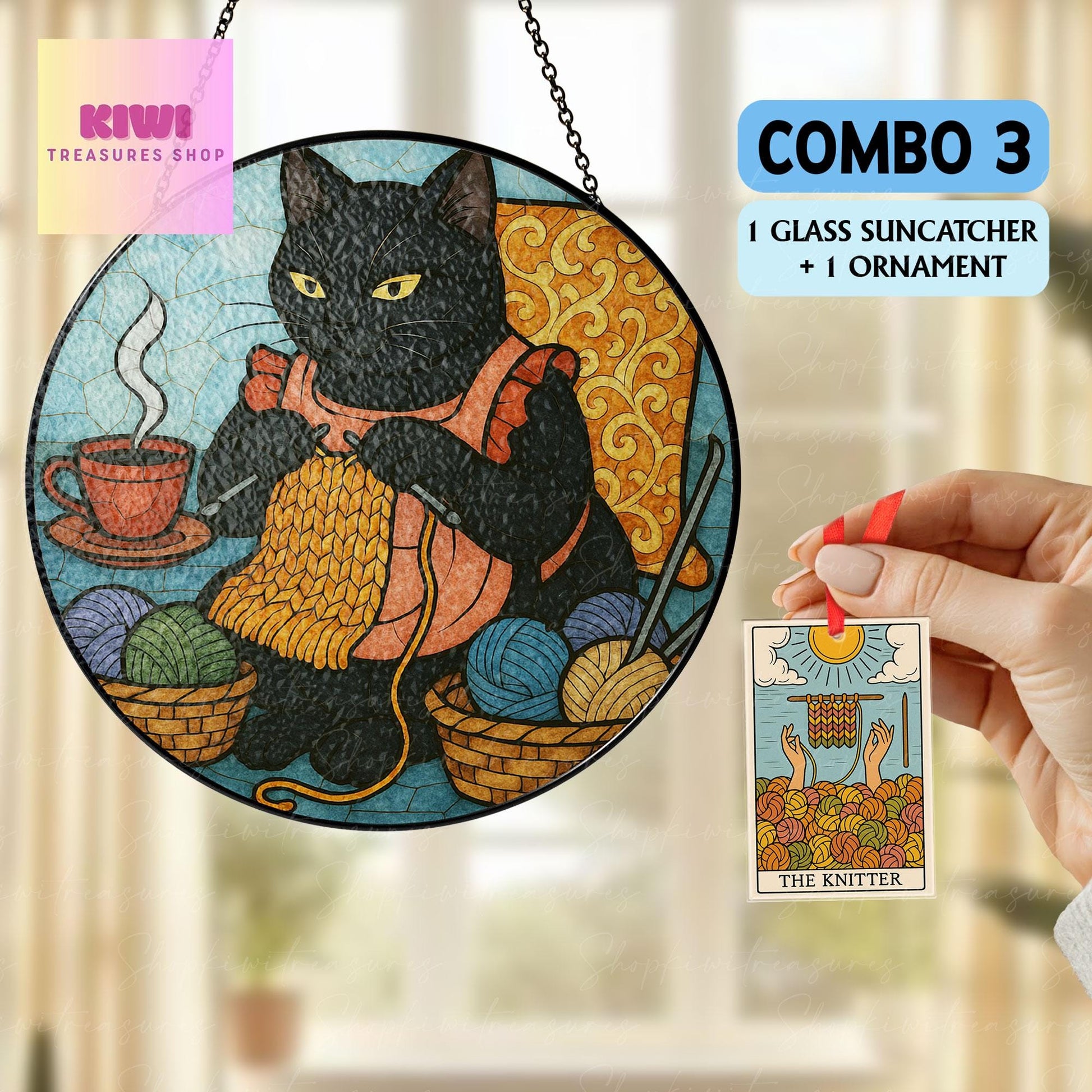 Mother's day special gift set 2025 - Knitting Cat Glass hanging- Mother’s Day Gift for Knitting Mom - Yarn Lover Window Hanging Decor
