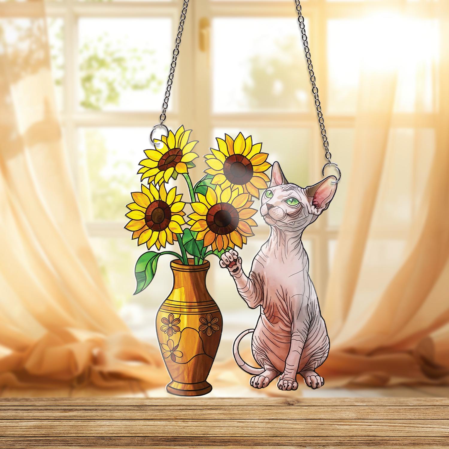 Sphynx Cat And Sunflower ACRYLIC Window Hanging, Sphynx Cat Mom Gift, Sphynx Cat Lover, Sphynx Wall Art, Sunflower Decor, Cute Cat Decor