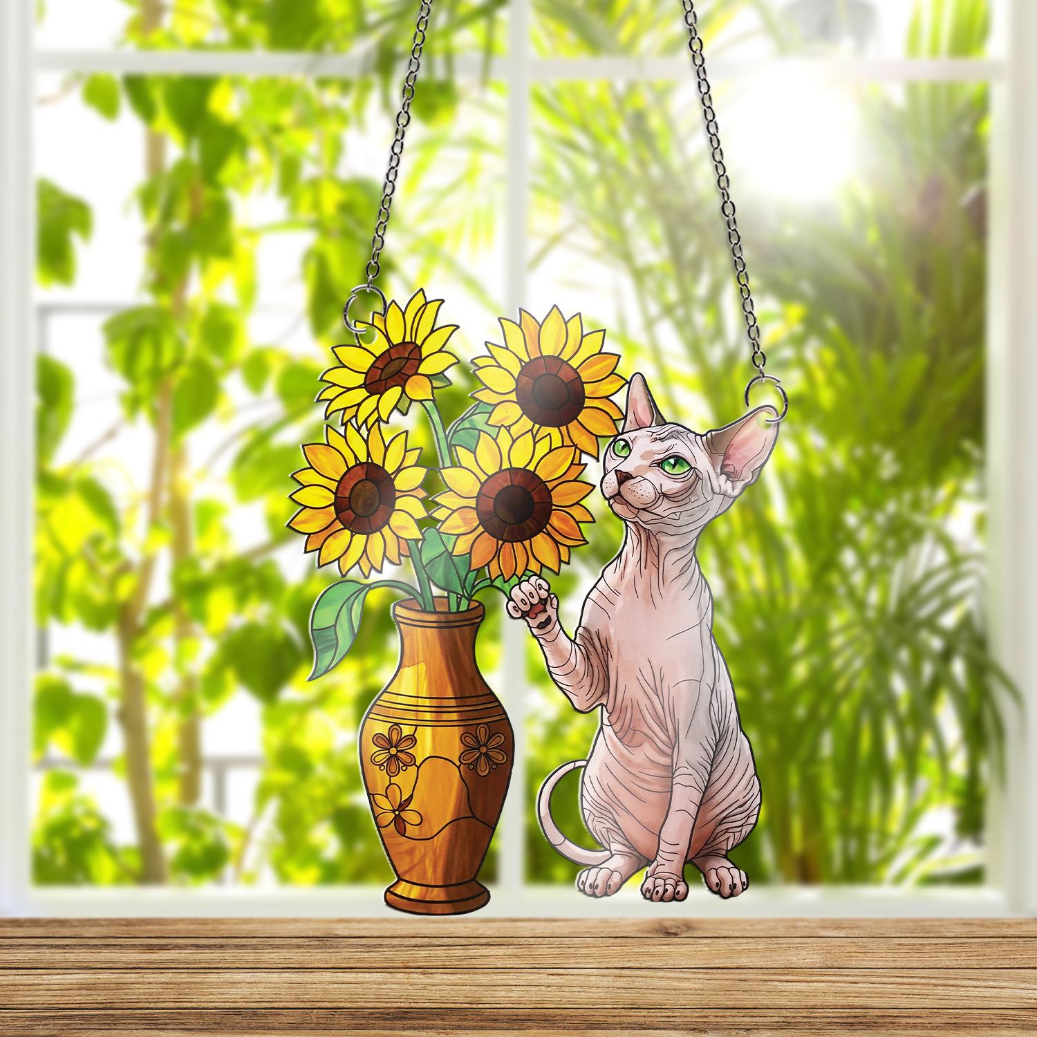 Sphynx Cat And Sunflower ACRYLIC Window Hanging, Sphynx Cat Mom Gift, Sphynx Cat Lover, Sphynx Wall Art, Sunflower Decor, Cute Cat Decor