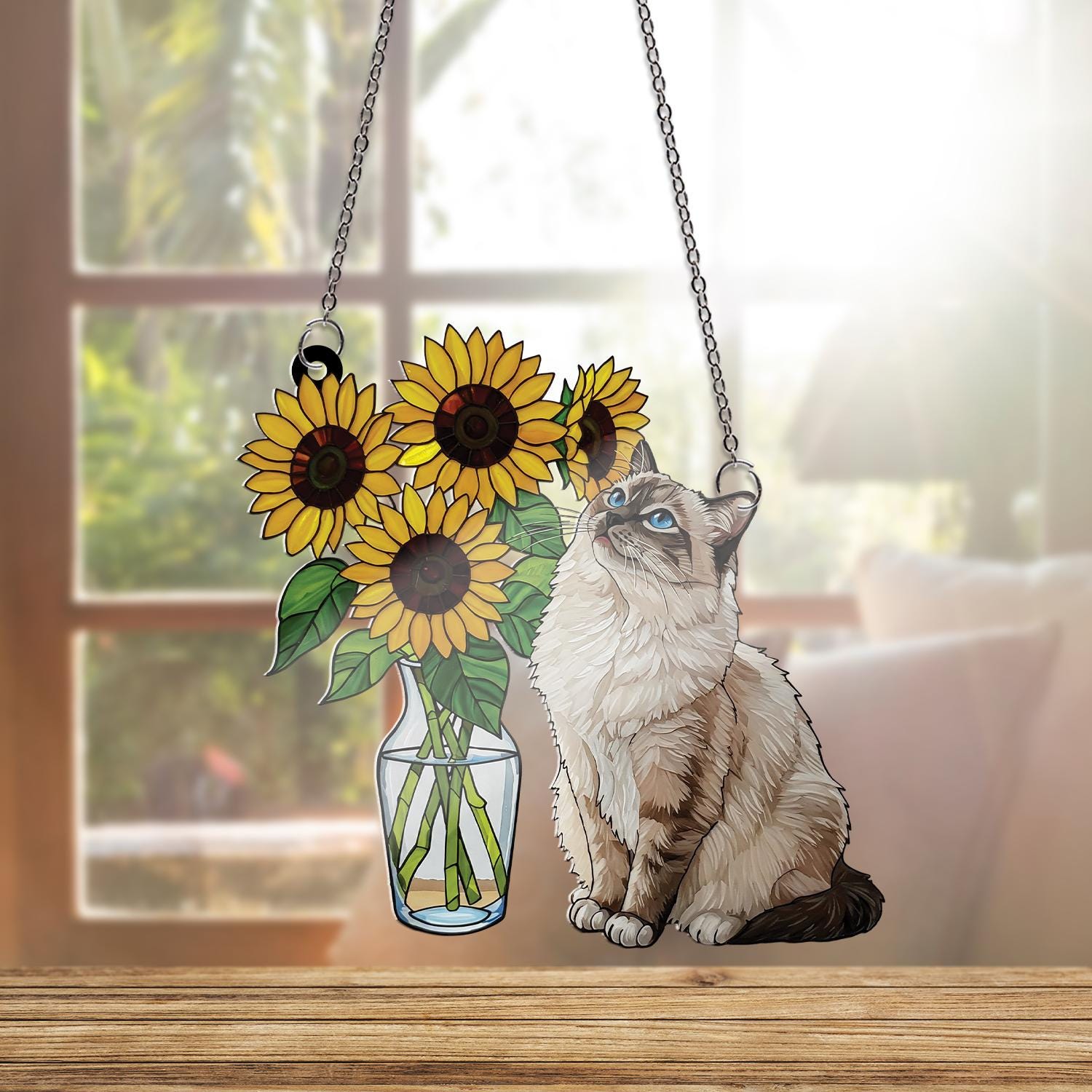 Sunflower With Cute Ragdoll Cat ACRYLIC Window Hanging, Ragdoll Cat Mom Gift, Cat Lover Decor, Sunflower Cat, Cat Hanging Art, Unique Gift