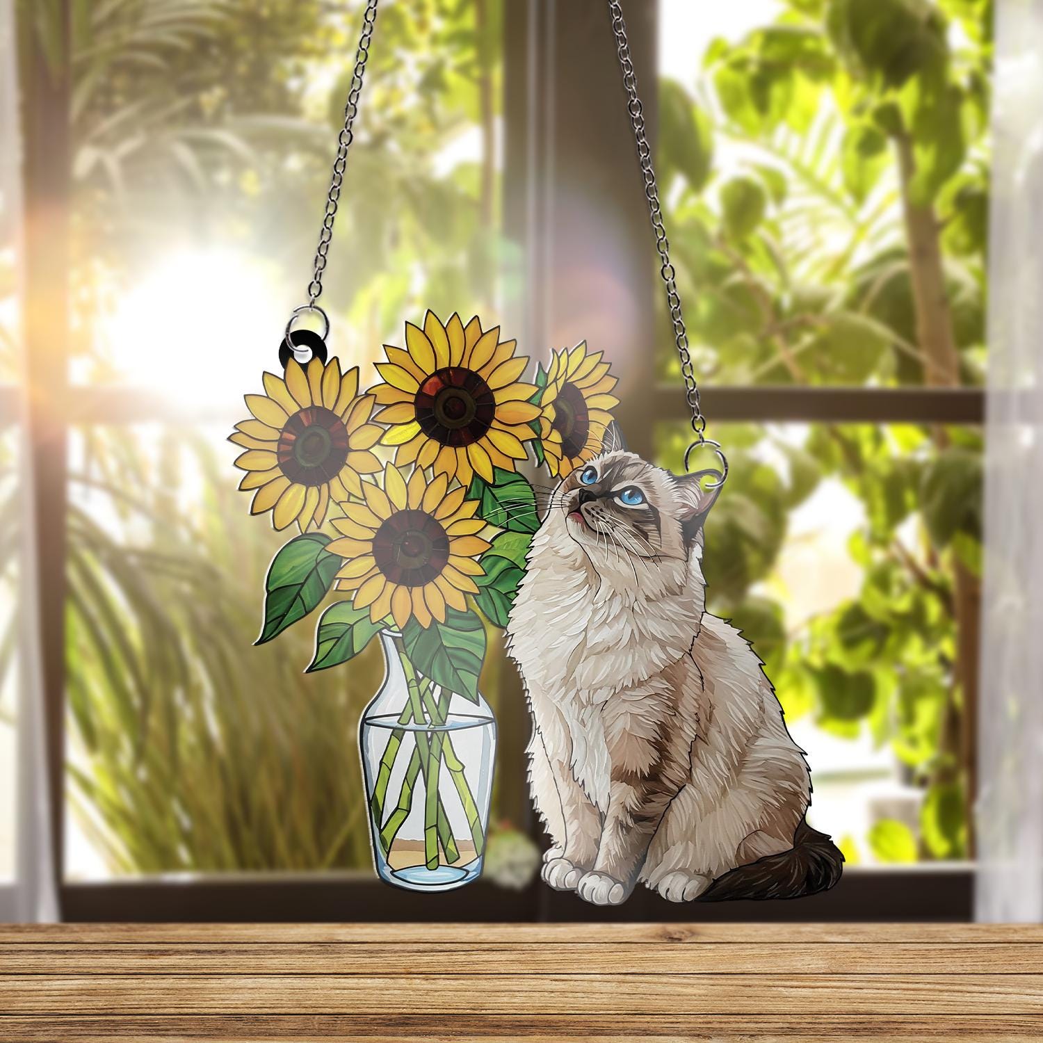 Sunflower With Cute Ragdoll Cat ACRYLIC Window Hanging, Ragdoll Cat Mom Gift, Cat Lover Decor, Sunflower Cat, Cat Hanging Art, Unique Gift