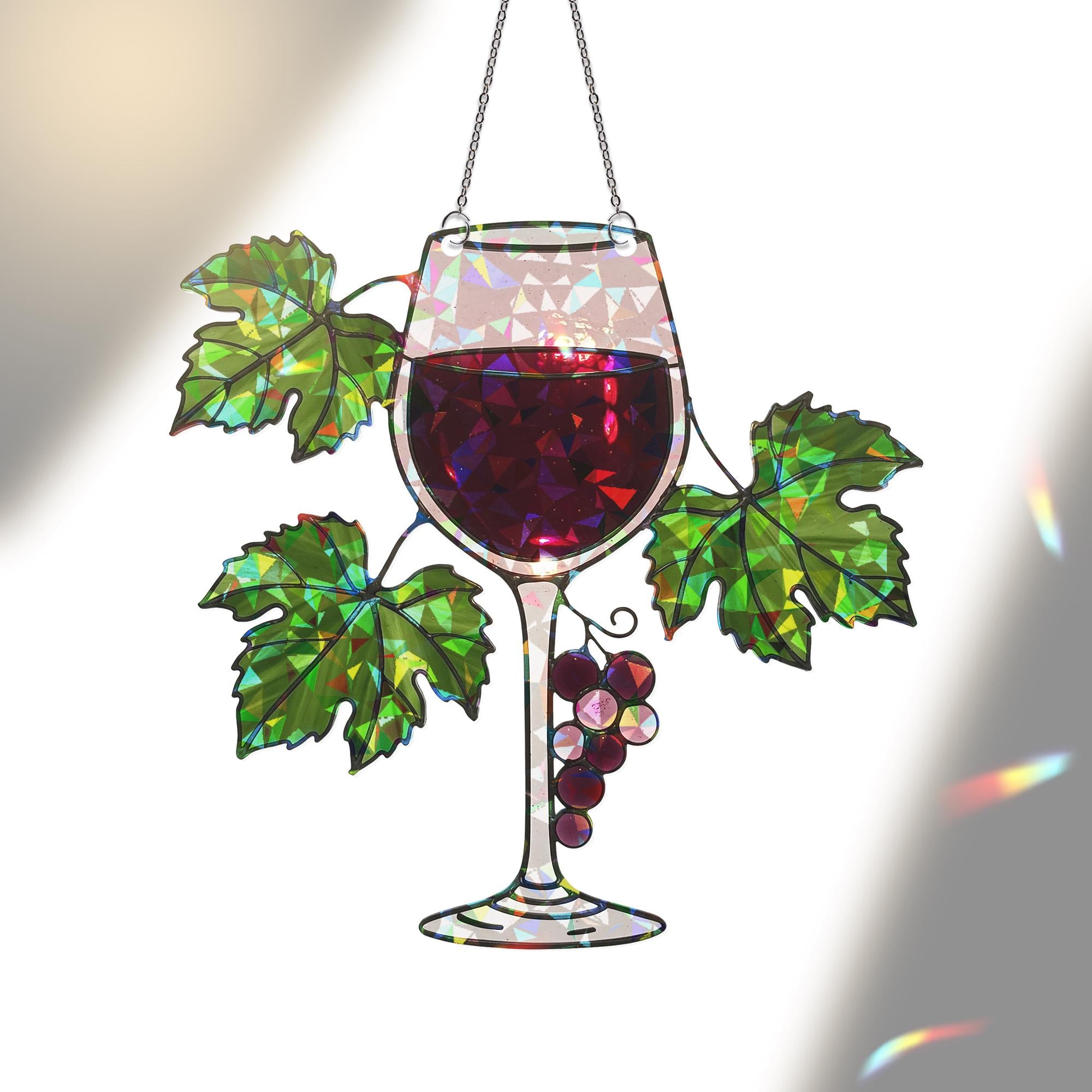 Wine Glass Suncatcher for Mom - Holographic Acrylic Mother's Day Gift - Grape Vine Window Hanging for Wine Lovers, Kitchen decor