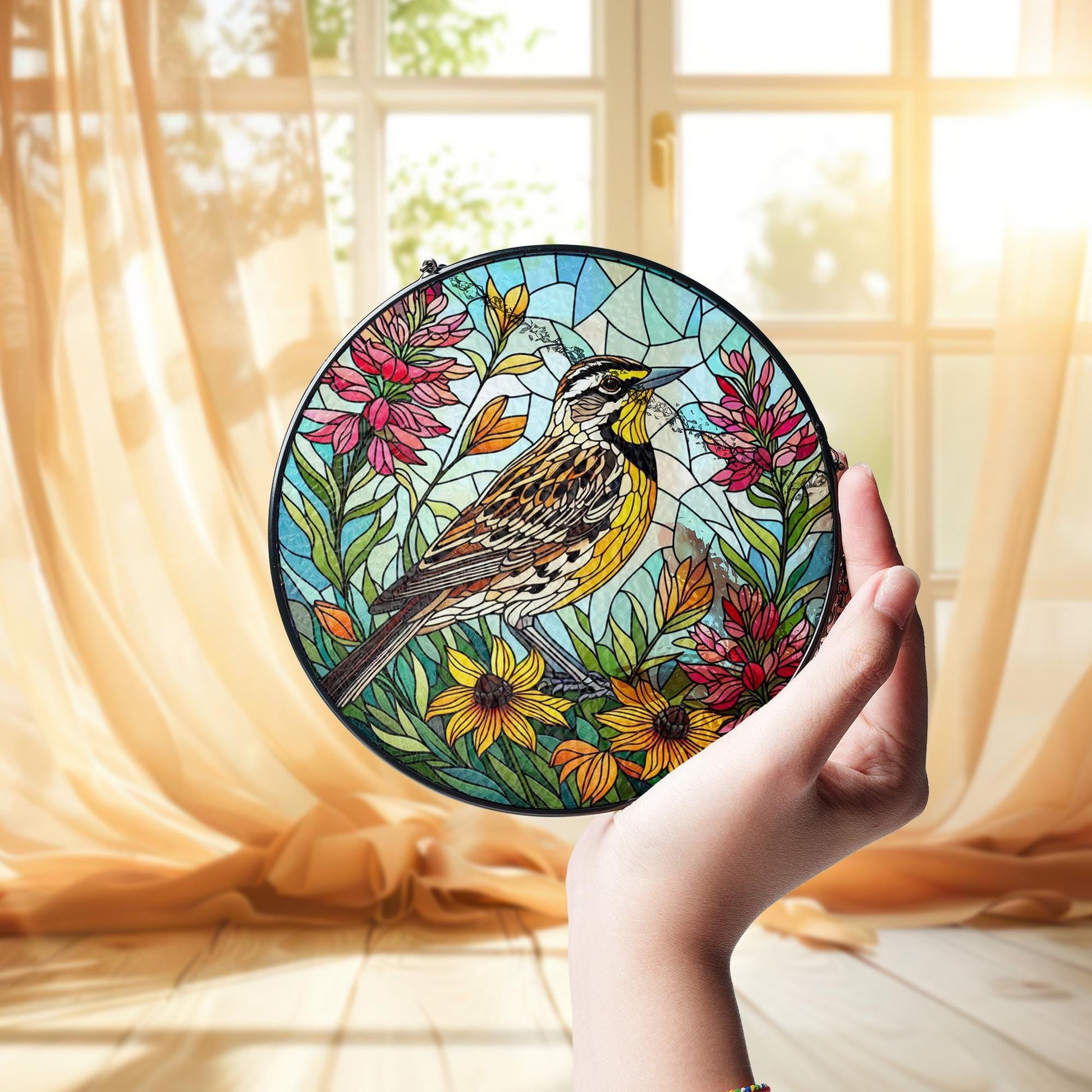 Wyoming State Bird Suncatcher - Western Meadowlark Glass Gift for Mom - Mother’s Day Window Hanging Floral Decor, Mom keepsake
