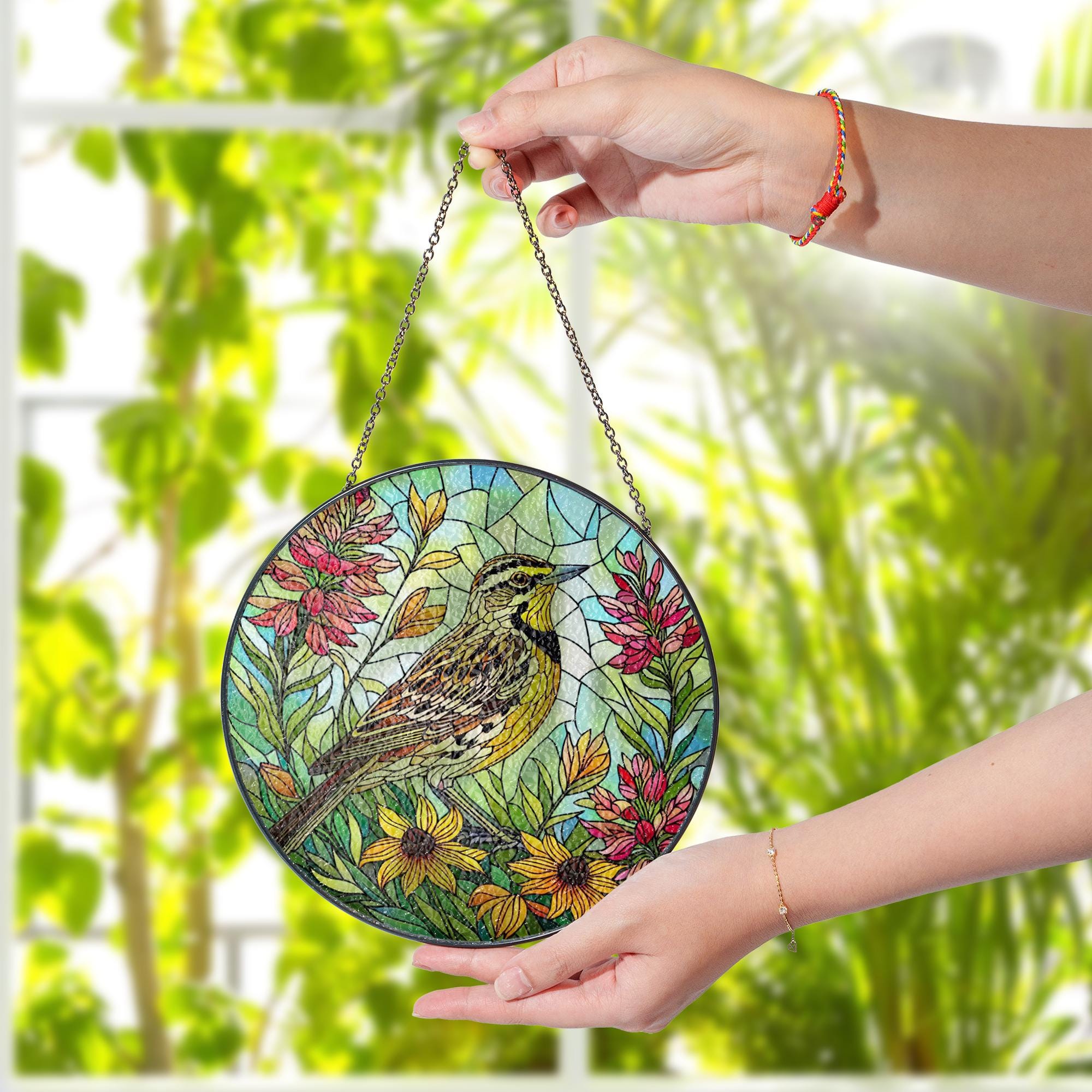 Wyoming State Bird Suncatcher - Western Meadowlark Glass Gift for Mom - Mother’s Day Window Hanging Floral Decor, Mom keepsake