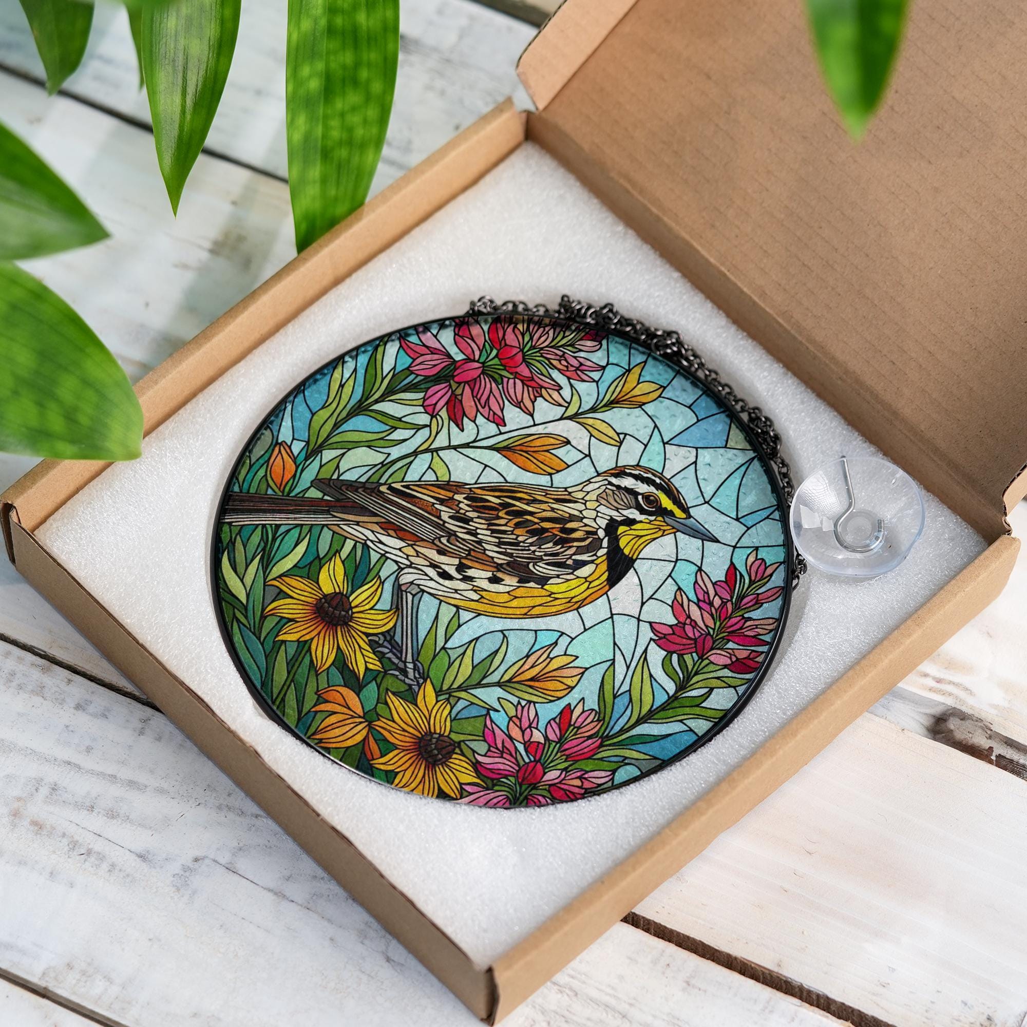 Wyoming State Bird Suncatcher - Western Meadowlark Glass Gift for Mom - Mother’s Day Window Hanging Floral Decor, Mom keepsake