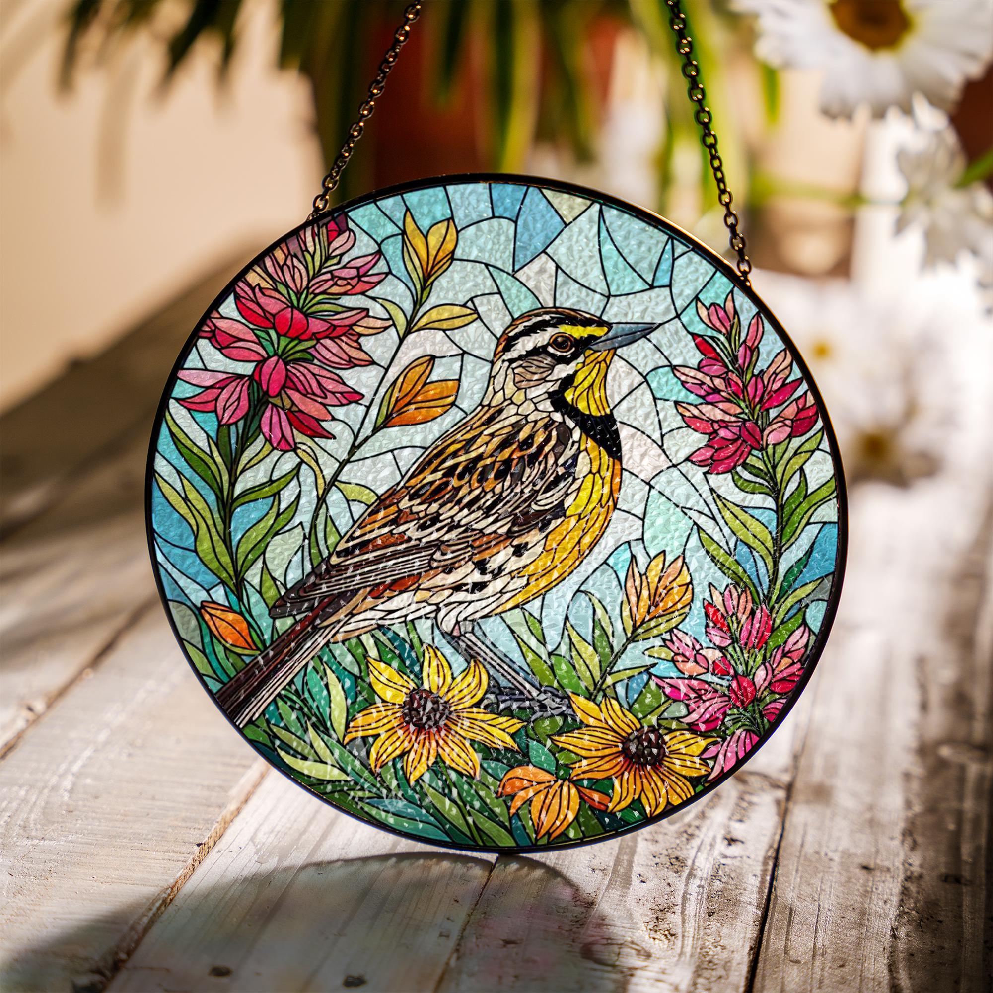 Wyoming State Bird Suncatcher - Western Meadowlark Glass Gift for Mom - Mother’s Day Window Hanging Floral Decor, Mom keepsake
