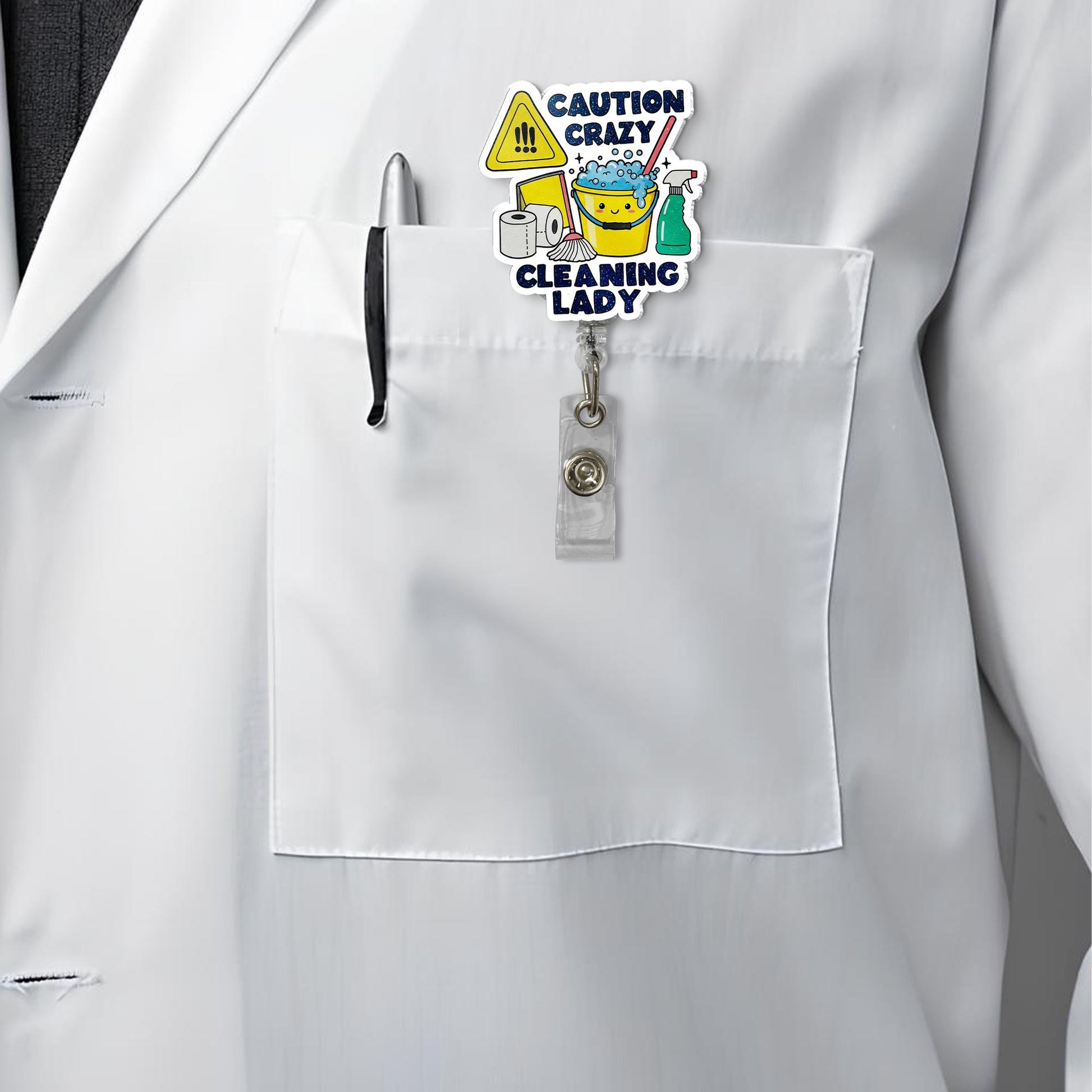Crazy Cleaning Lady Badge Reel – Funny Janitor Maid ID Clip, Cleaner Gift Idea, Evs Badge Clip, Cleaning Lady Gift Idea, Gift For Her