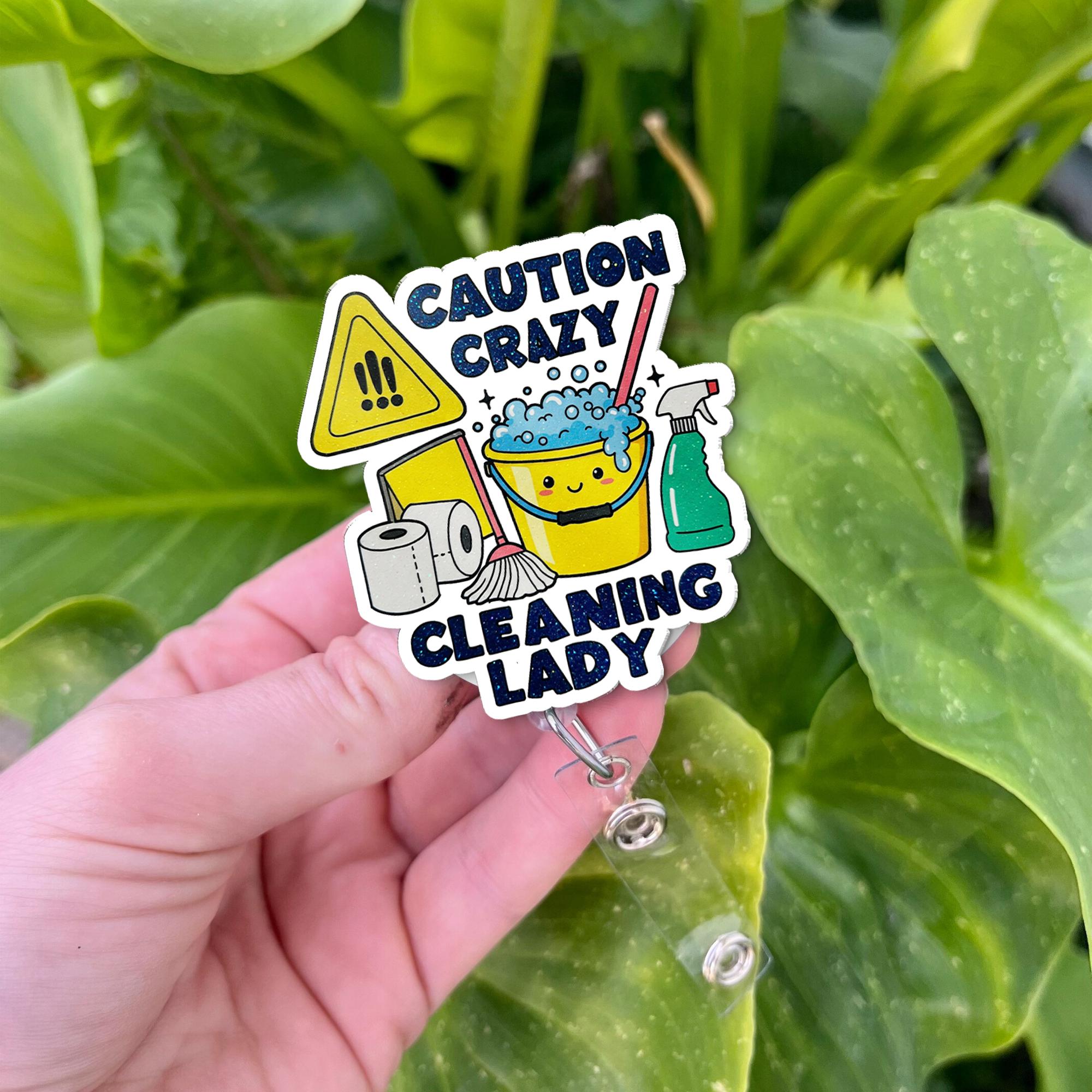 Crazy Cleaning Lady Badge Reel – Funny Janitor Maid ID Clip, Cleaner Gift Idea, Evs Badge Clip, Cleaning Lady Gift Idea, Gift For Her
